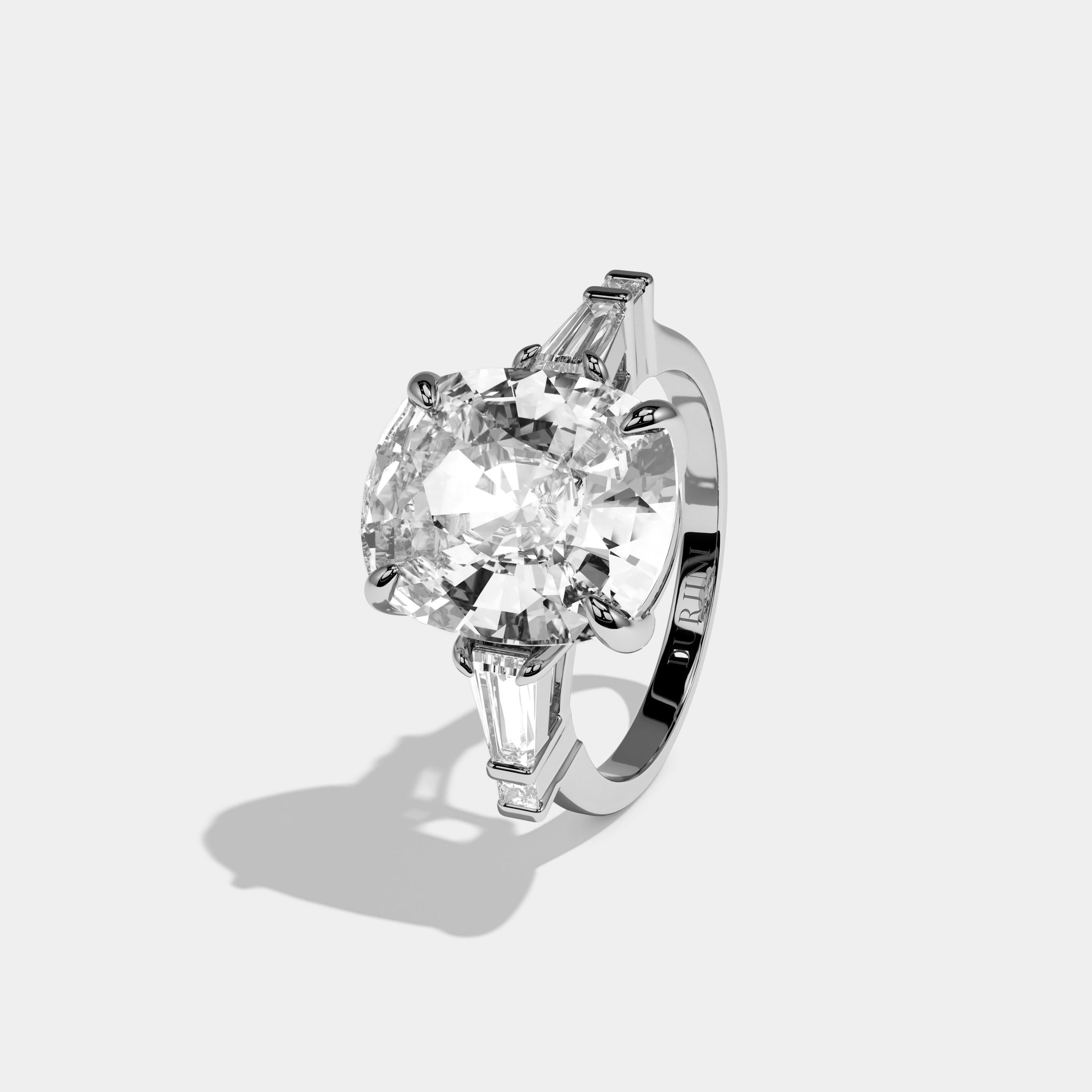 Nova Cushion Brilliant Cut Diamond With Baguette Sides Plain Band Engagement Ring 10ct 18k White Gold