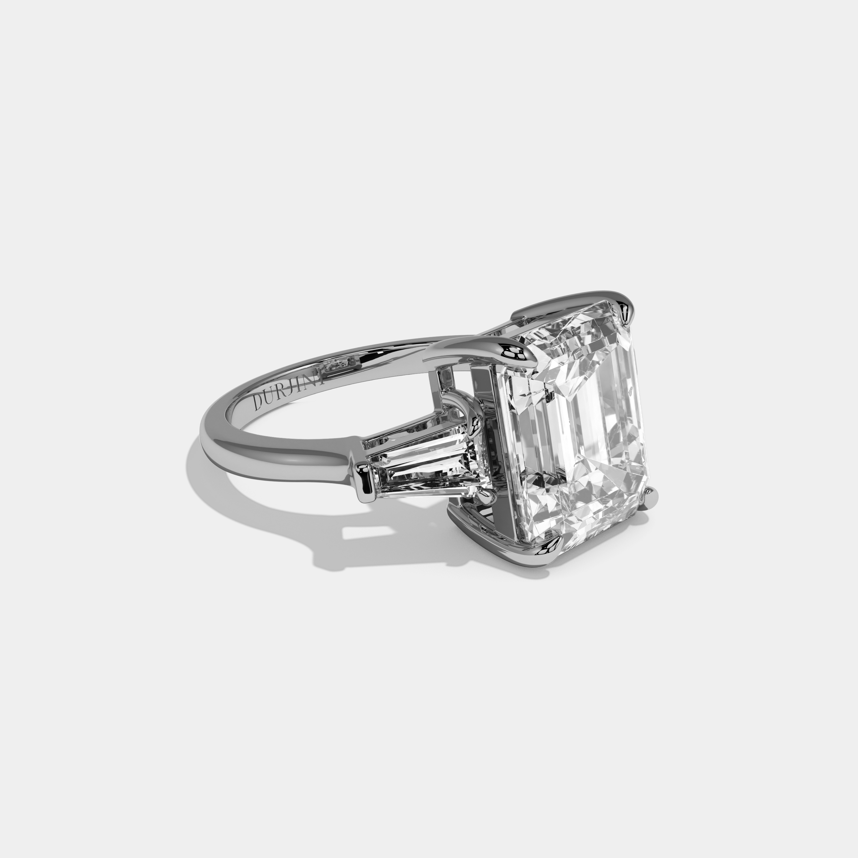 Clara Emerald Cut Diamond Plain Band With Tapered Baguette Cut Sides Engagement Ring 10ct 18k White Gold