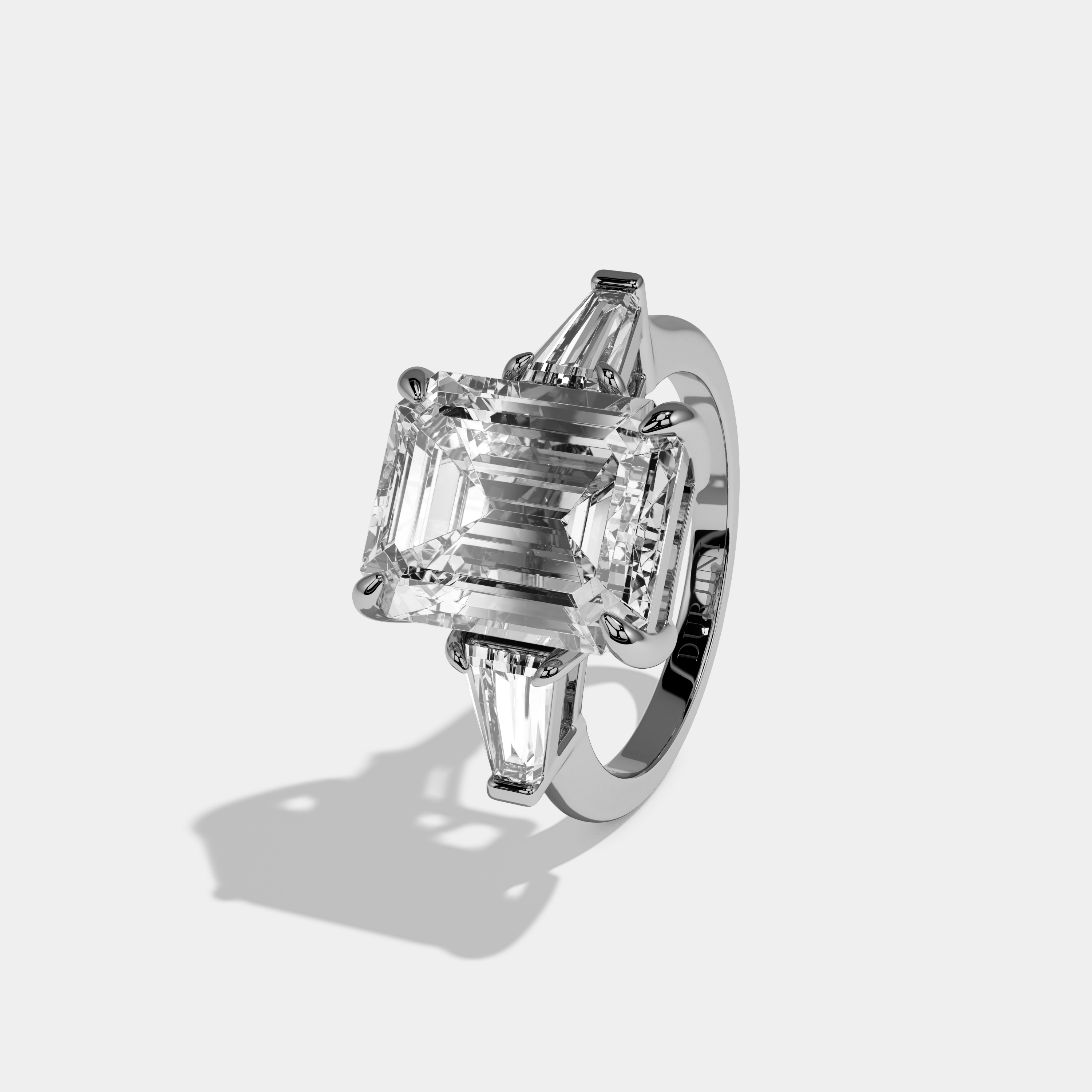 Clara Emerald Cut Diamond Plain Band With Tapered Baguette Cut Sides Engagement Ring 10ct 18k White Gold