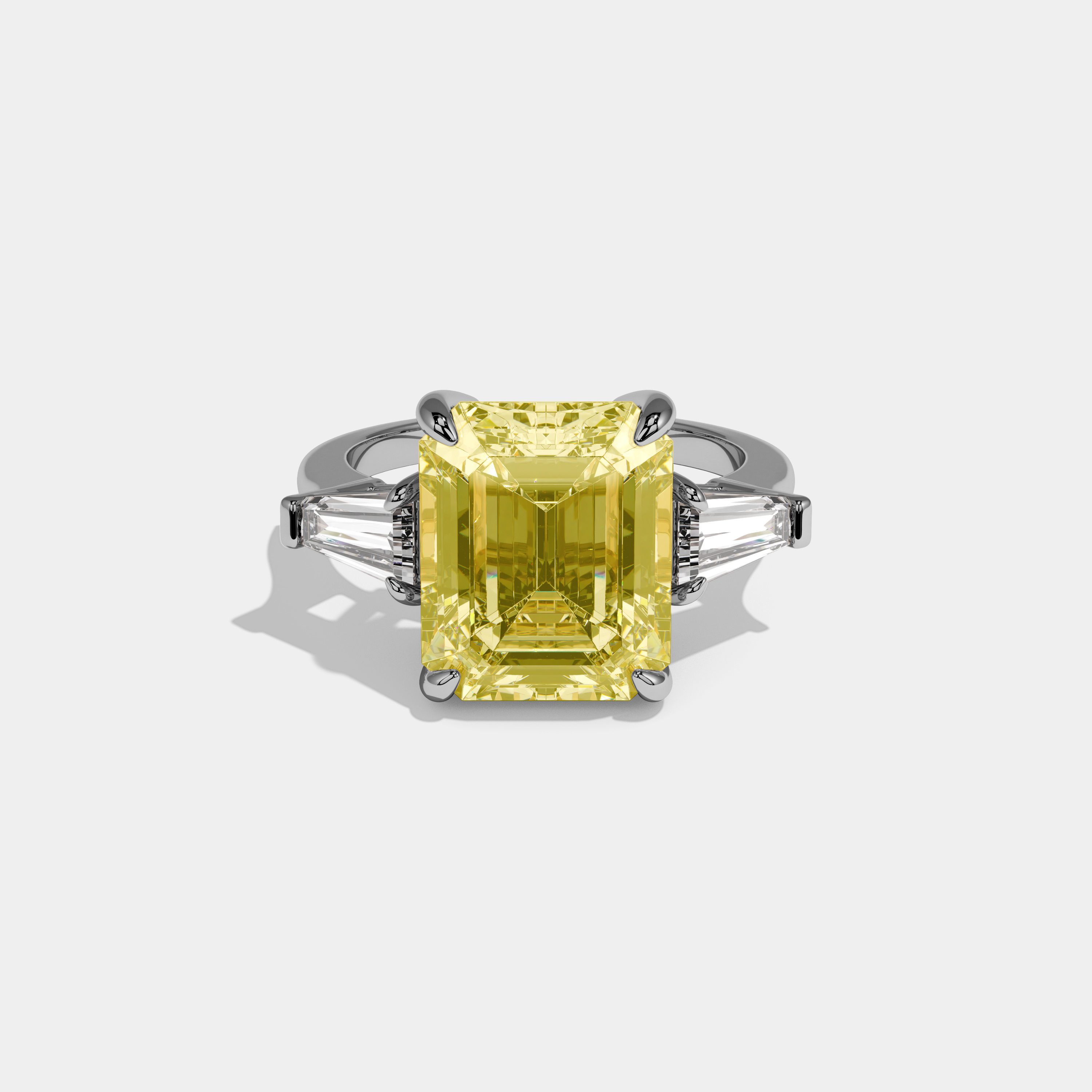 Clara Fancy Yellow Emerald Cut Diamond Plain Band With Tapered Baguette Cut Sides Engagement Ring 8ct 18k White Gold