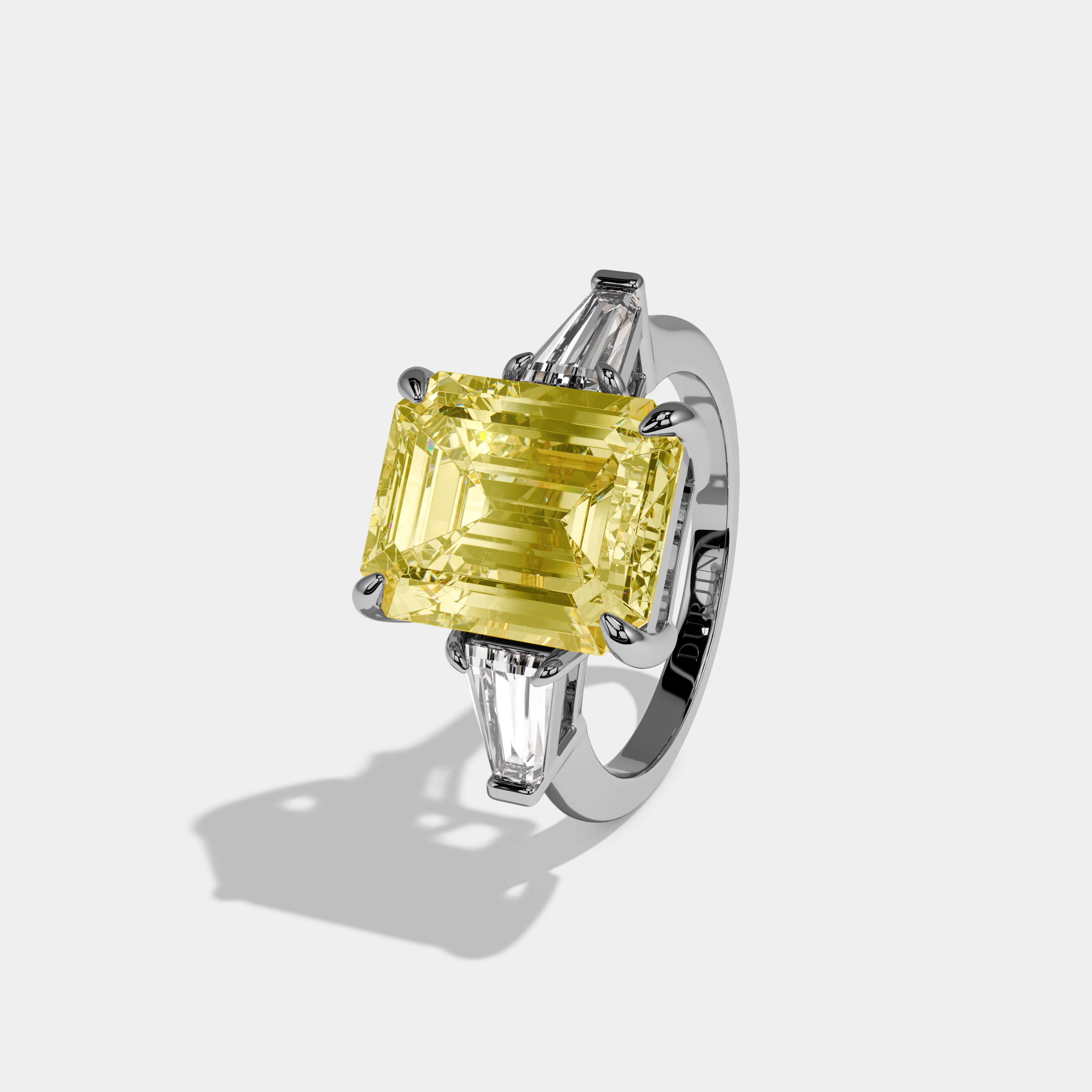 Clara Fancy Yellow Emerald Cut Diamond Plain Band With Tapered Baguette Cut Sides Engagement Ring 8ct 18k White Gold