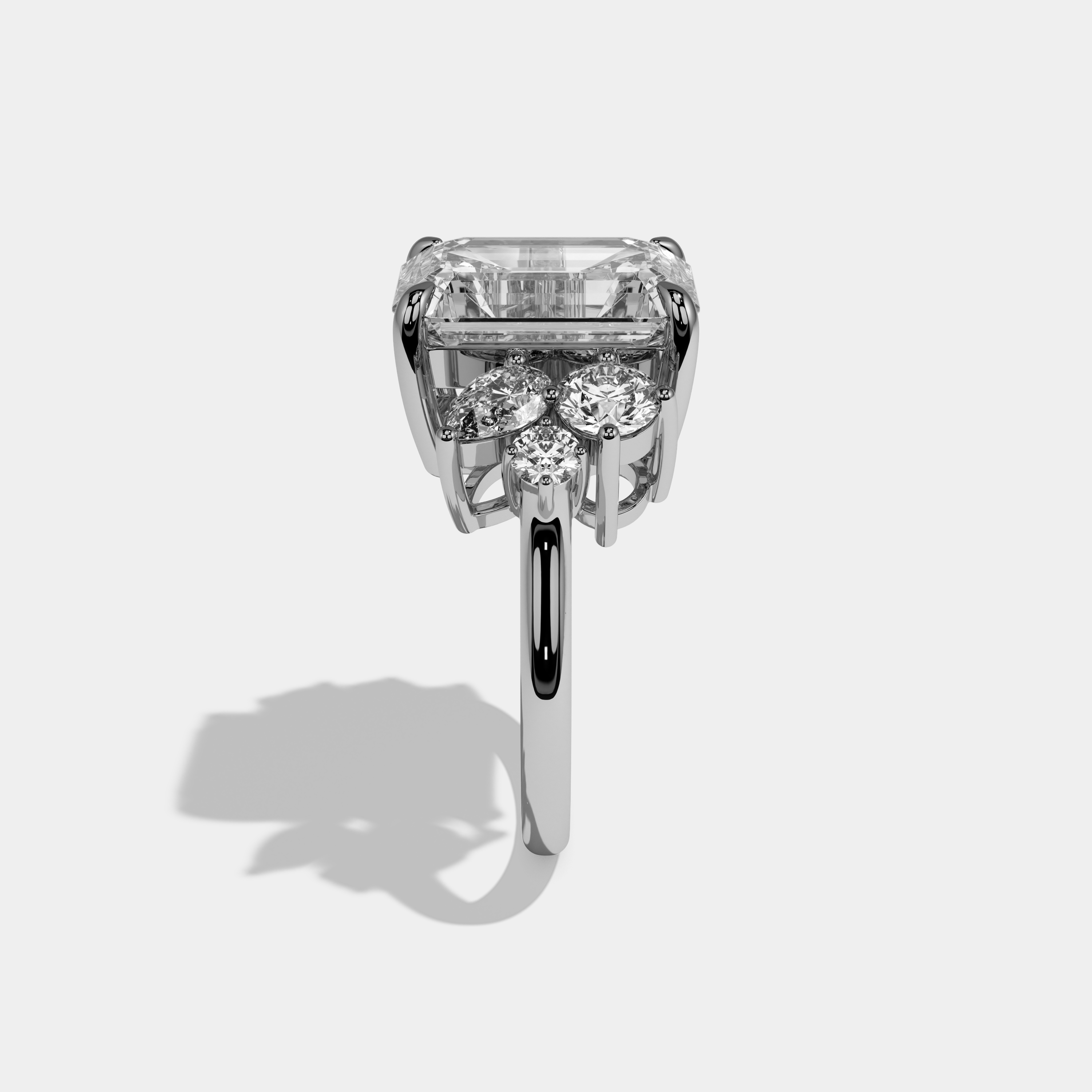 Minnie Emerald Cut Diamond Plain Band With Round Cut Sides Engagement Ring 10ct 18k White Gold