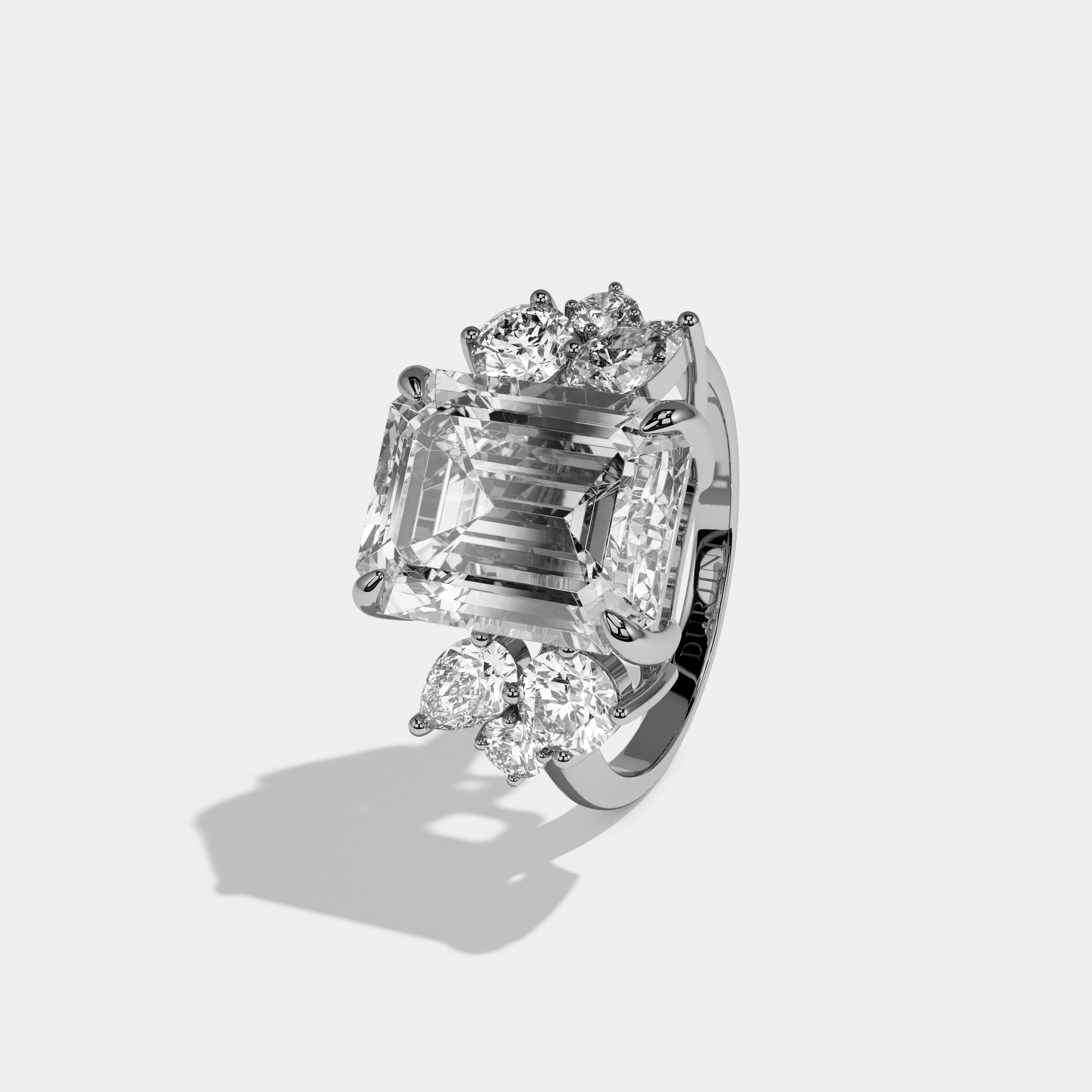 Minnie Emerald Cut Diamond Plain Band With Round Cut Sides Engagement Ring 10ct 18k White Gold
