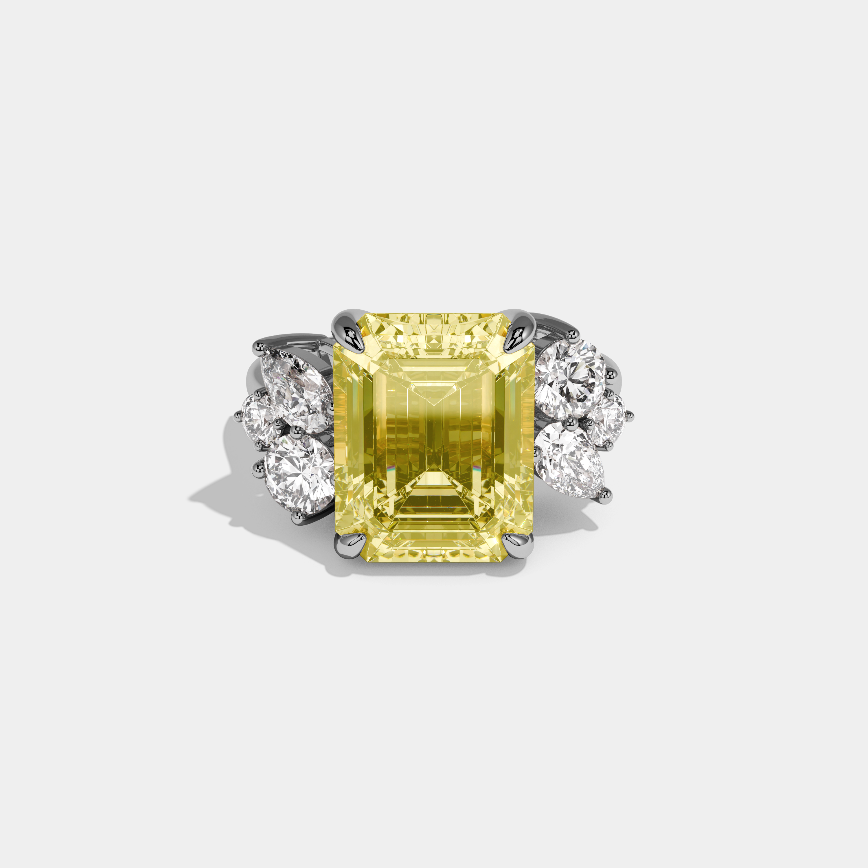 Minnie Fancy Yellow Emerald Cut Diamond Plain Band With Round Cut Sides Engagement Ring 10ct 18k White Gold