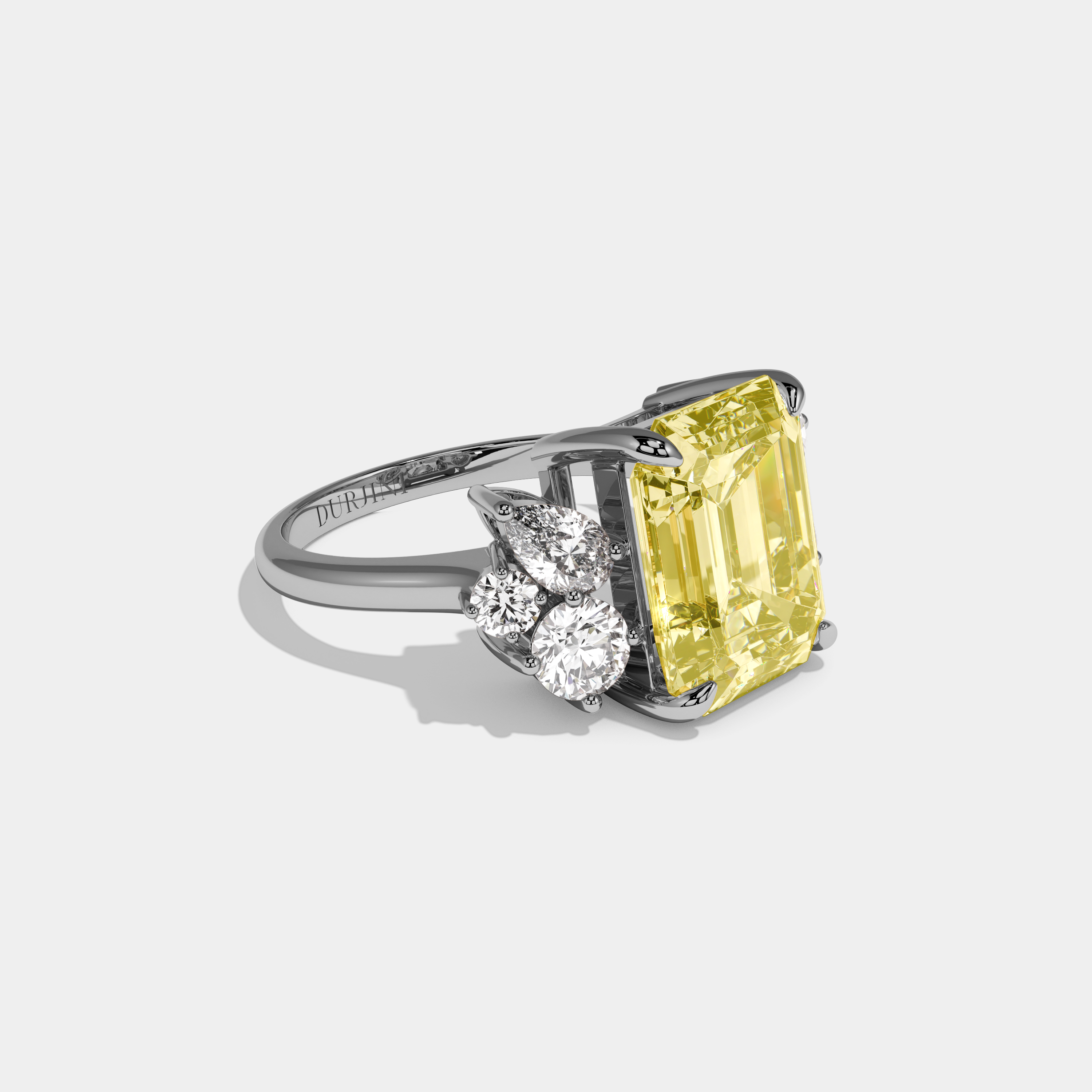 Minnie Fancy Yellow Emerald Cut Diamond Plain Band With Round Cut Sides Engagement Ring 10ct 18k White Gold