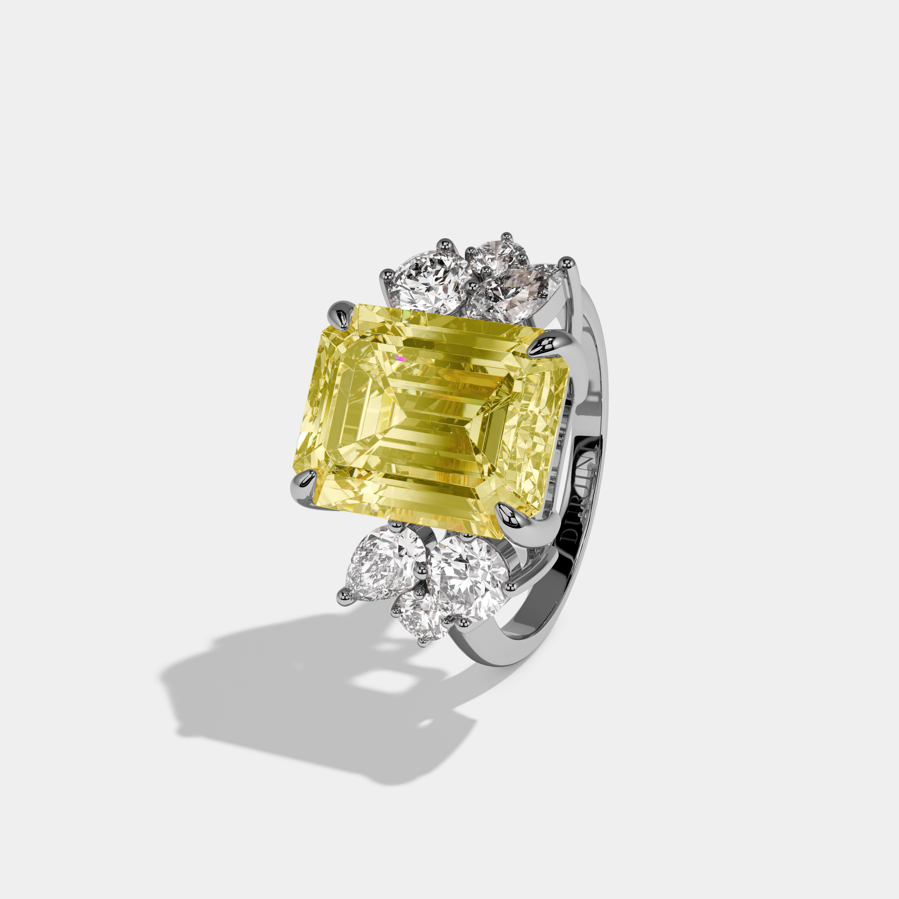 Minnie Fancy Yellow Emerald Cut Diamond Plain Band With Round Cut Sides Engagement Ring 10ct 18k White Gold