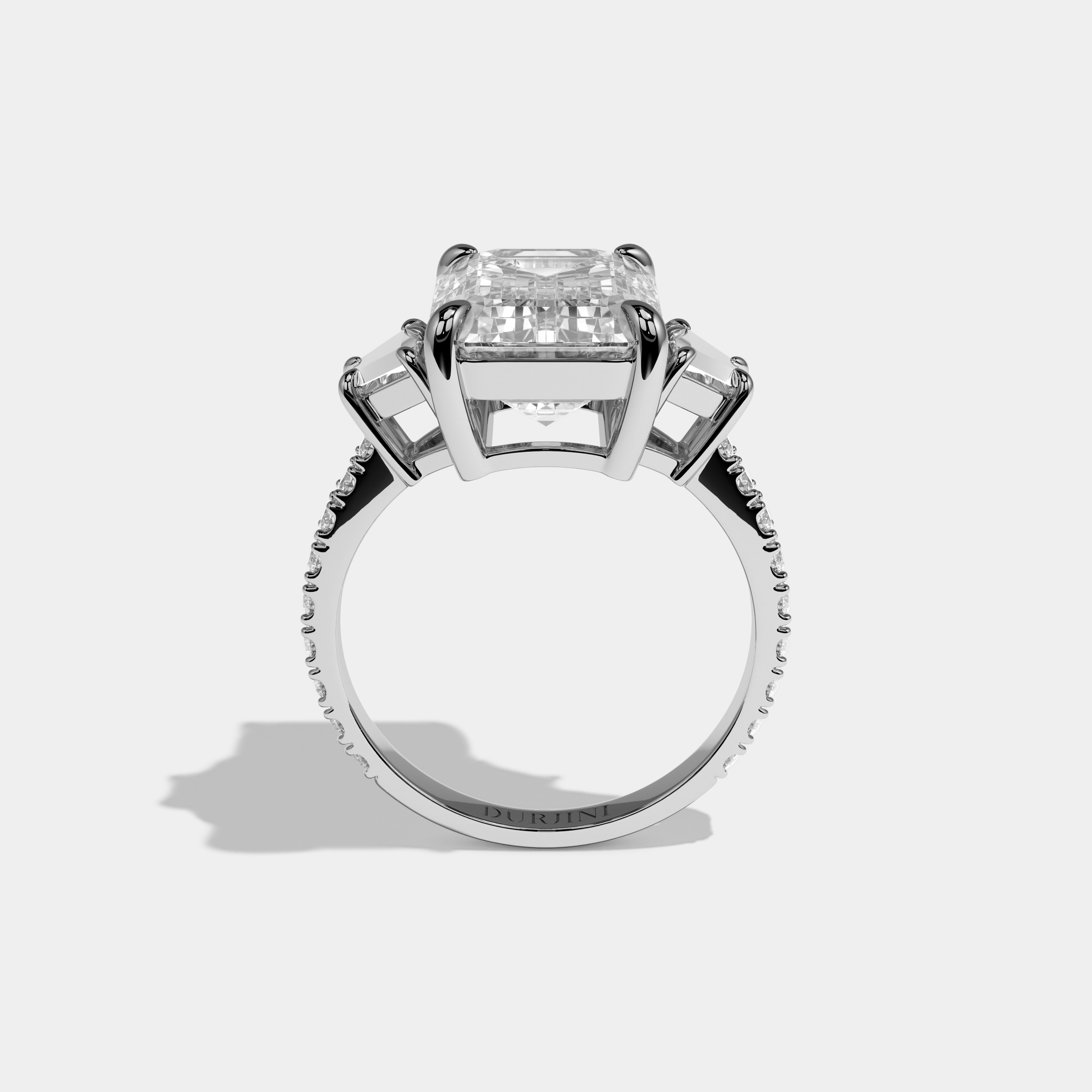 Ariana Emerald Cut Diamond With Trapezoid Cut Sides and Diamond Band Engagement Ring 10ct 18k White Gold