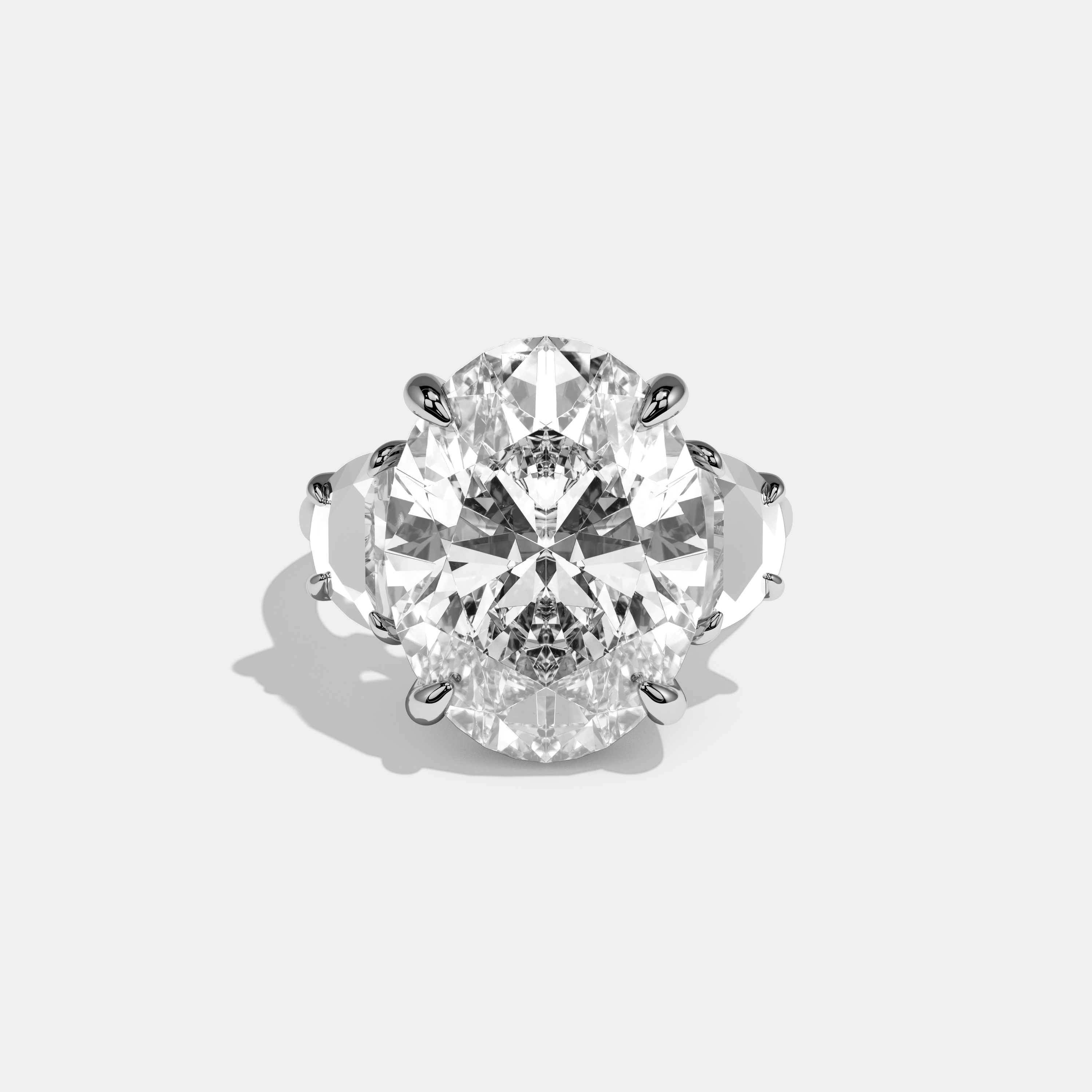 Emery Oval Cut Diamond Halo Plain Band With Half Moon Side Engagement Ring 10ct 18k White Gold
