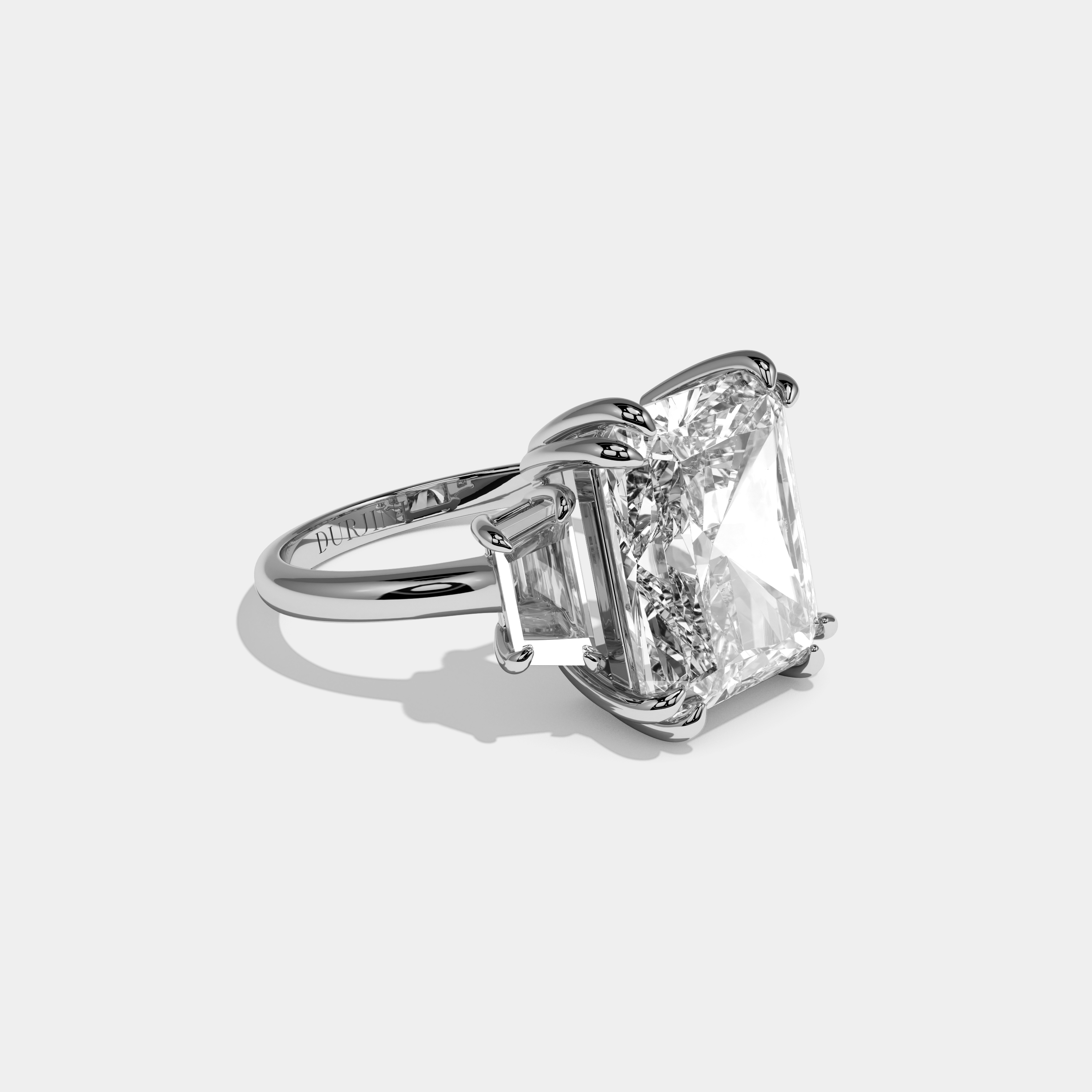 Lydia Radiant Cut Diamond Halo Plain Band With Trapezoid Side Diamond Engagement Ring 10ct 18k White Gold