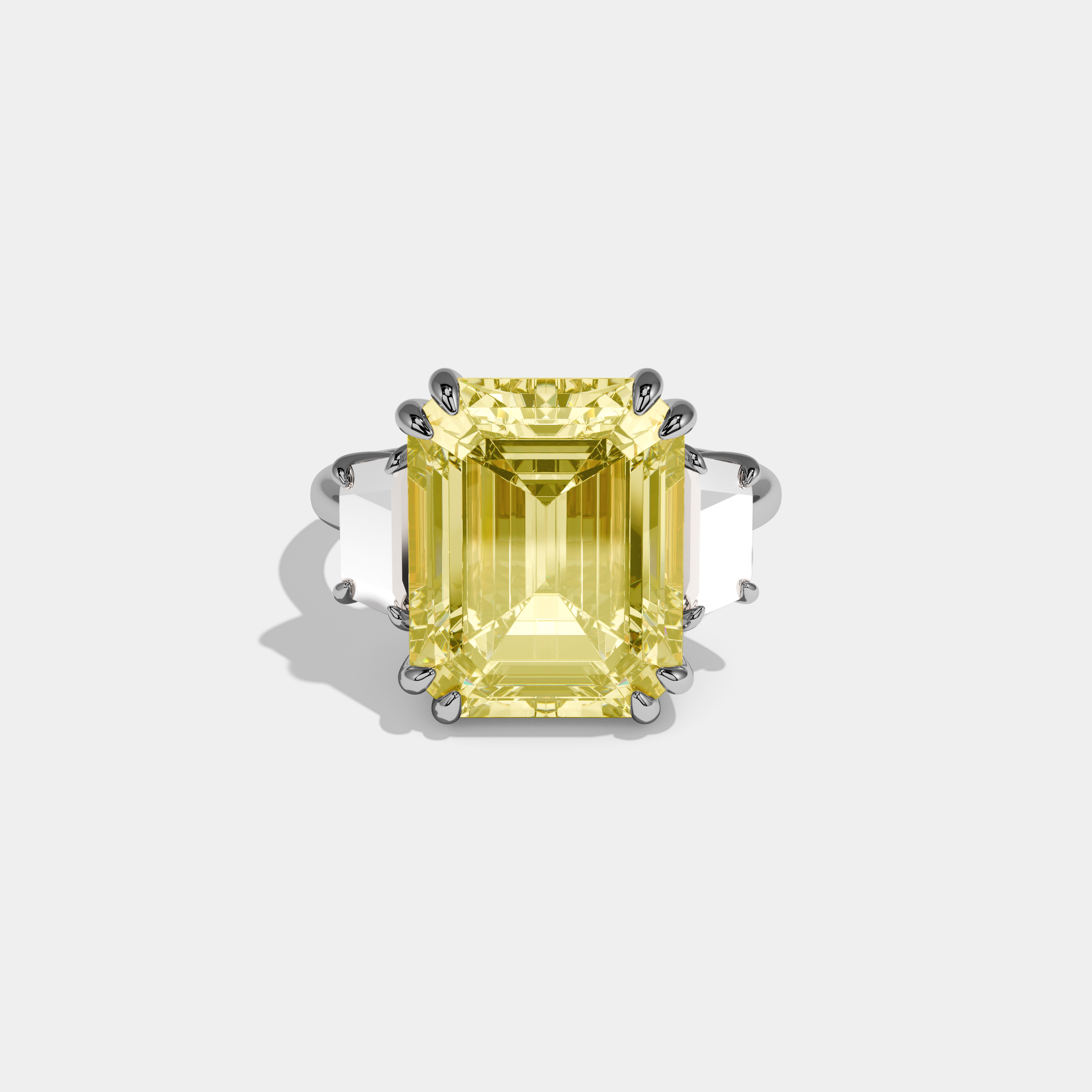 Josephine Fancy Yellow Emerald Cut Diamond Plain Band With Step Cut Sides Engagement Ring 8ct 18k White Gold