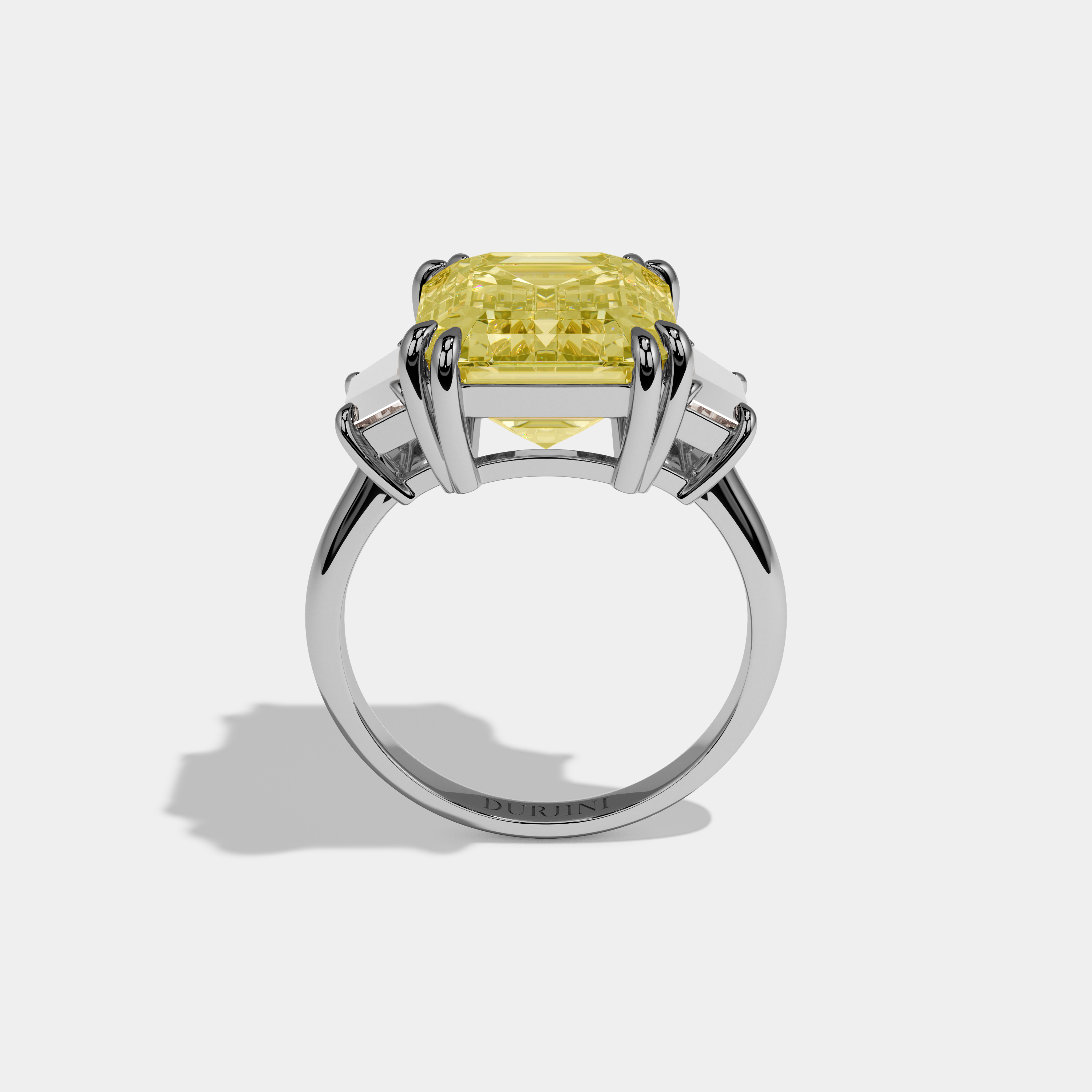 Josephine Fancy Yellow Emerald Cut Diamond Plain Band With Step Cut Sides Engagement Ring 8ct 18k White Gold