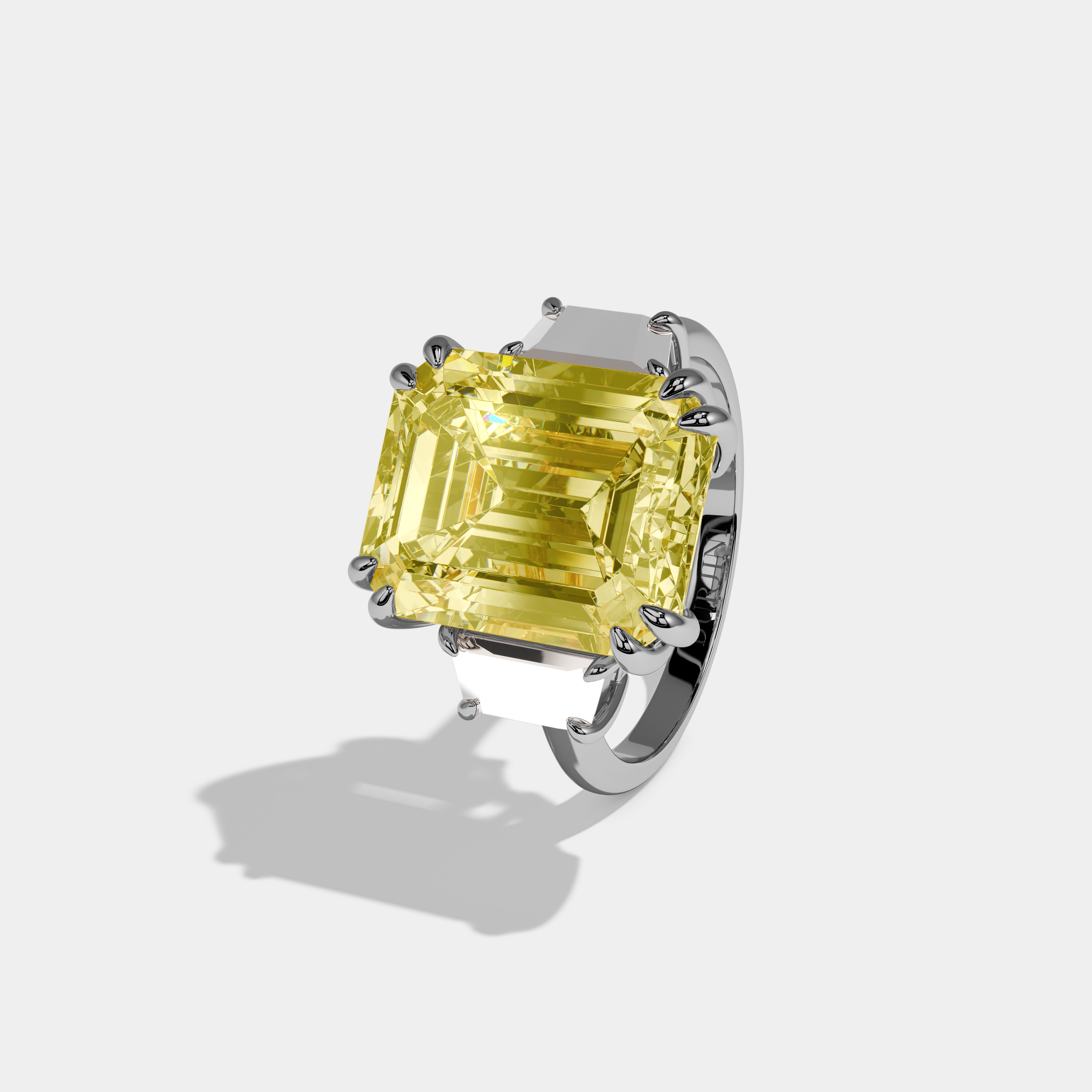 Josephine Fancy Yellow Emerald Cut Diamond Plain Band With Step Cut Sides Engagement Ring 8ct 18k White Gold