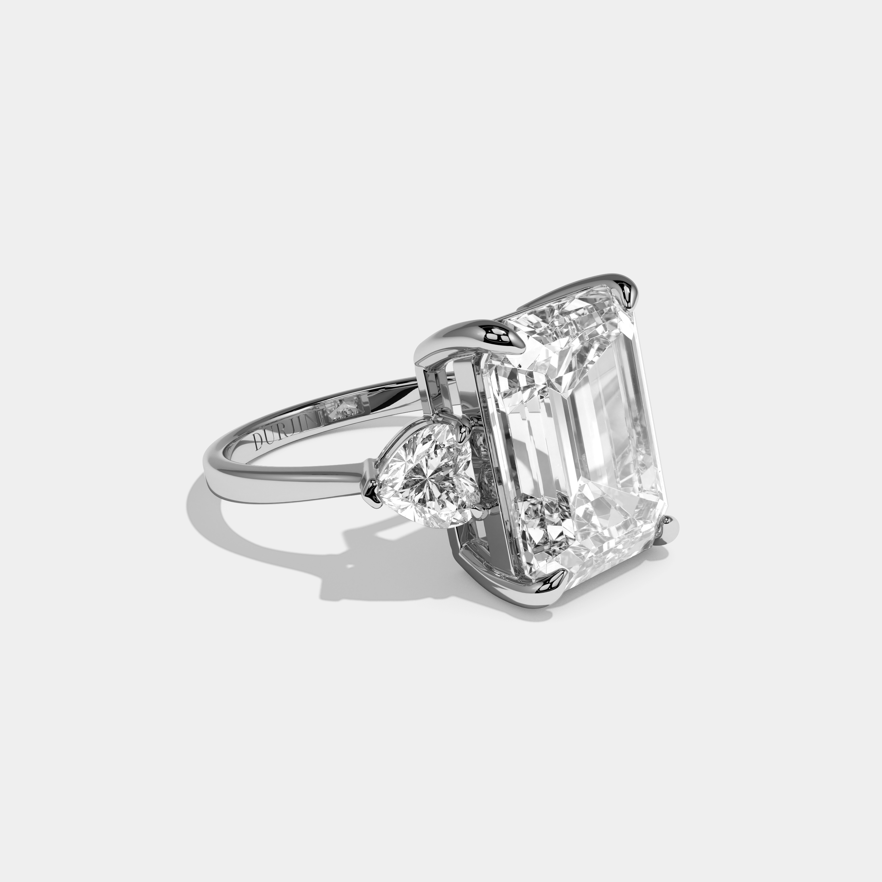 Athena Emerald Cut Diamond Halo Plain Band With Heart Side Engagement Ring 10ct 18k White Gold