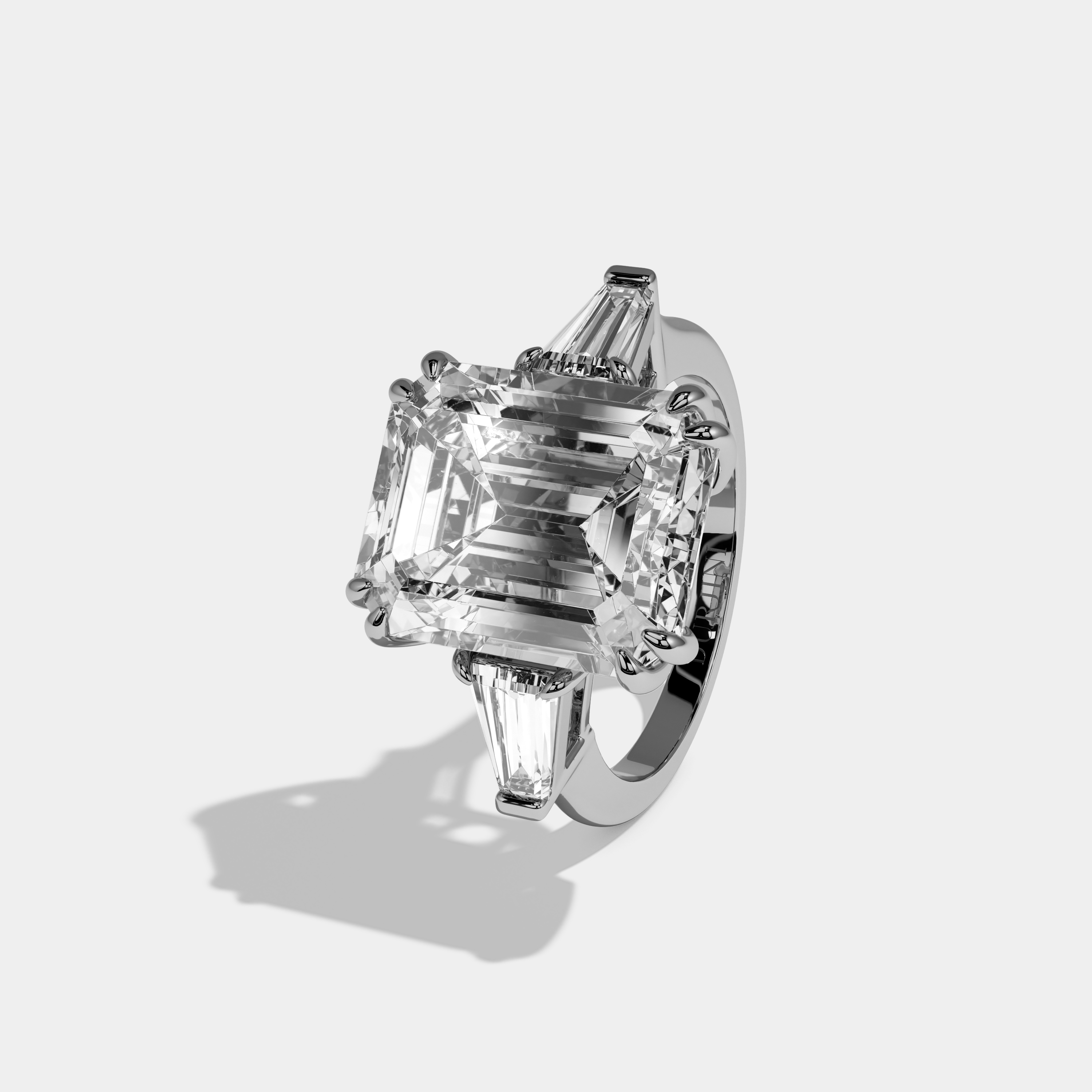 Addison Emerald Cut Diamond Plain Band With Baguette Cut Sides Engagement Ring 10ct 18k White Gold