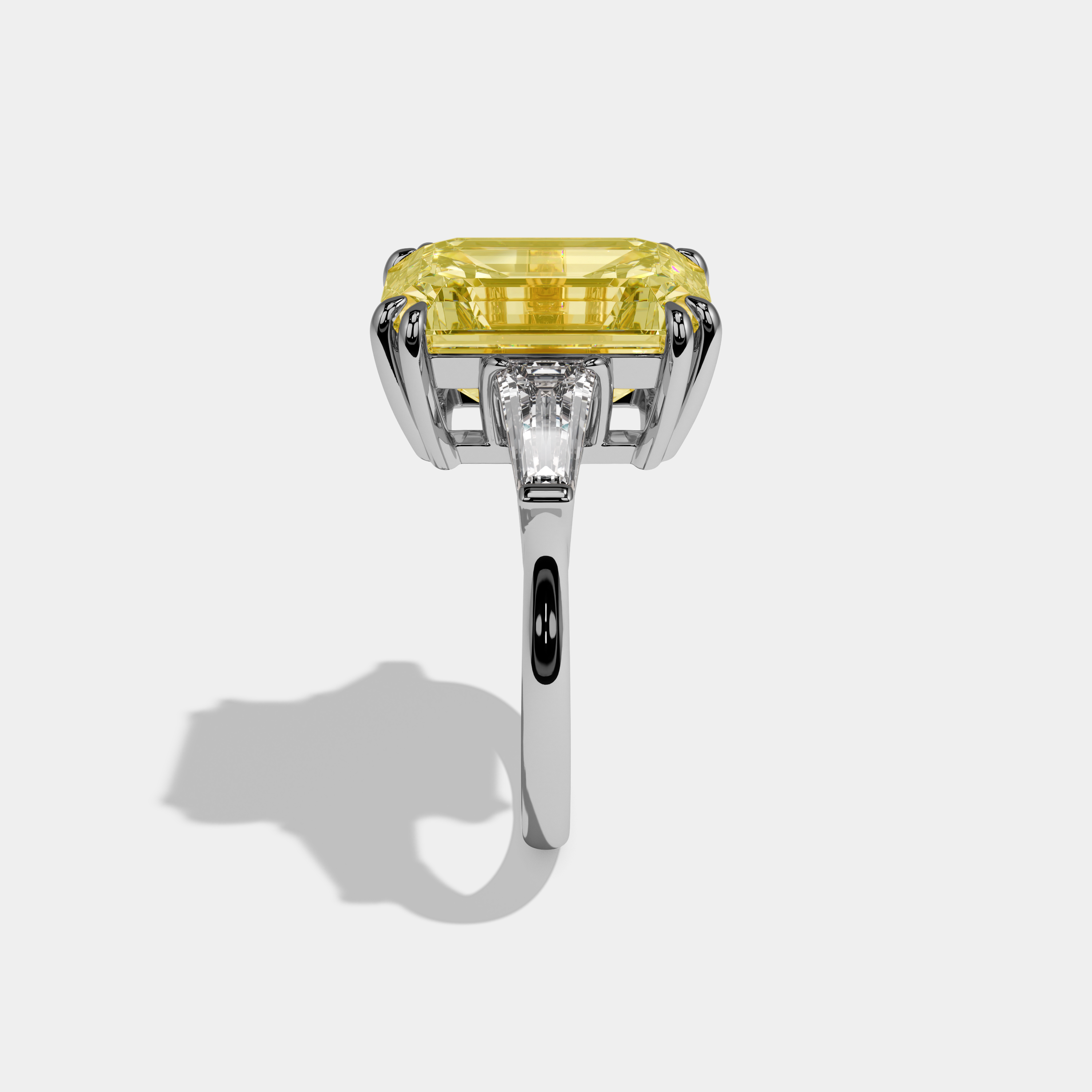 Addison Fancy Yellow Emerald Cut Diamond Plain Band With Baguette Cut Sides Engagement Ring 10ct 18k White Gold