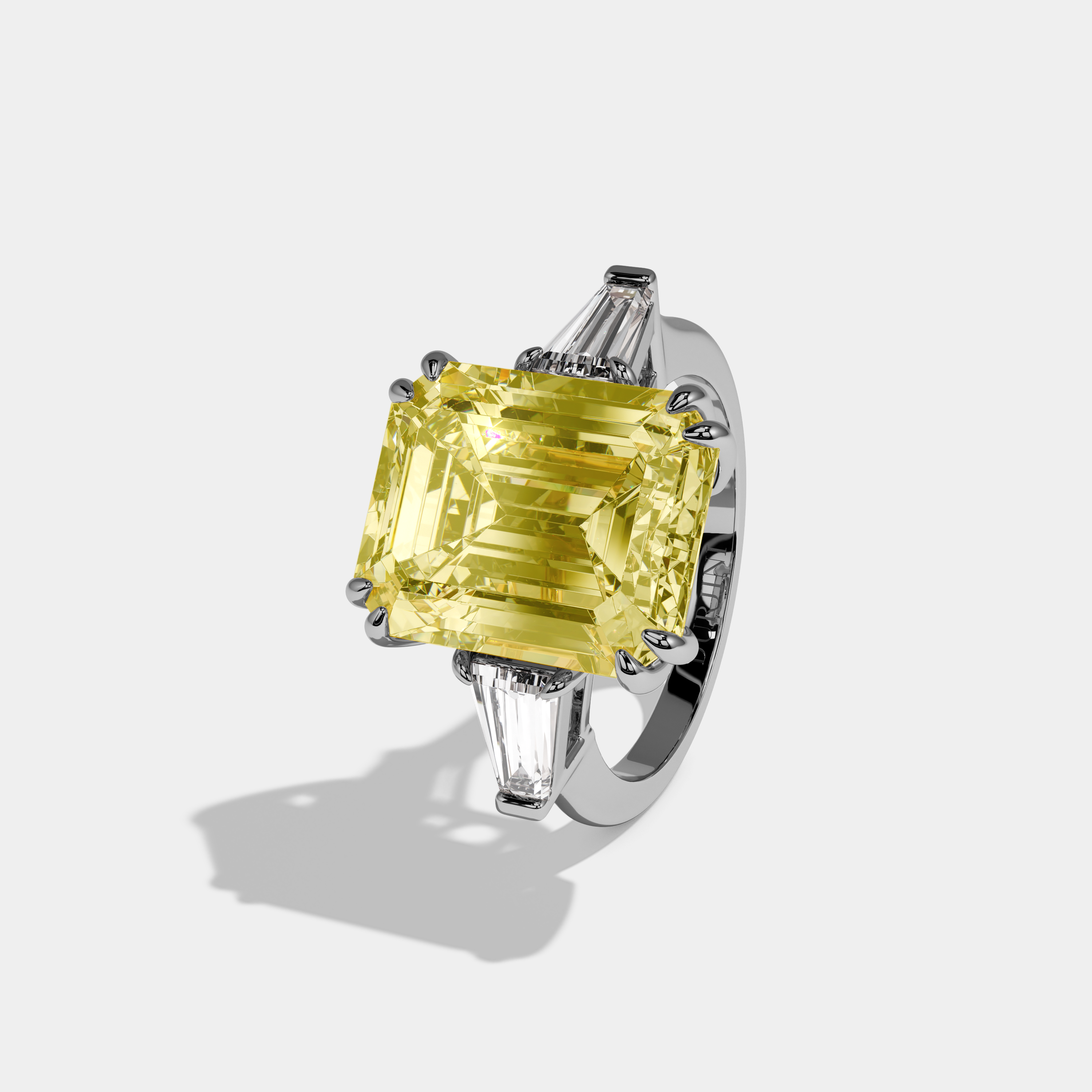 Addison Fancy Yellow Emerald Cut Diamond Plain Band With Baguette Cut Sides Engagement Ring 10ct 18k White Gold