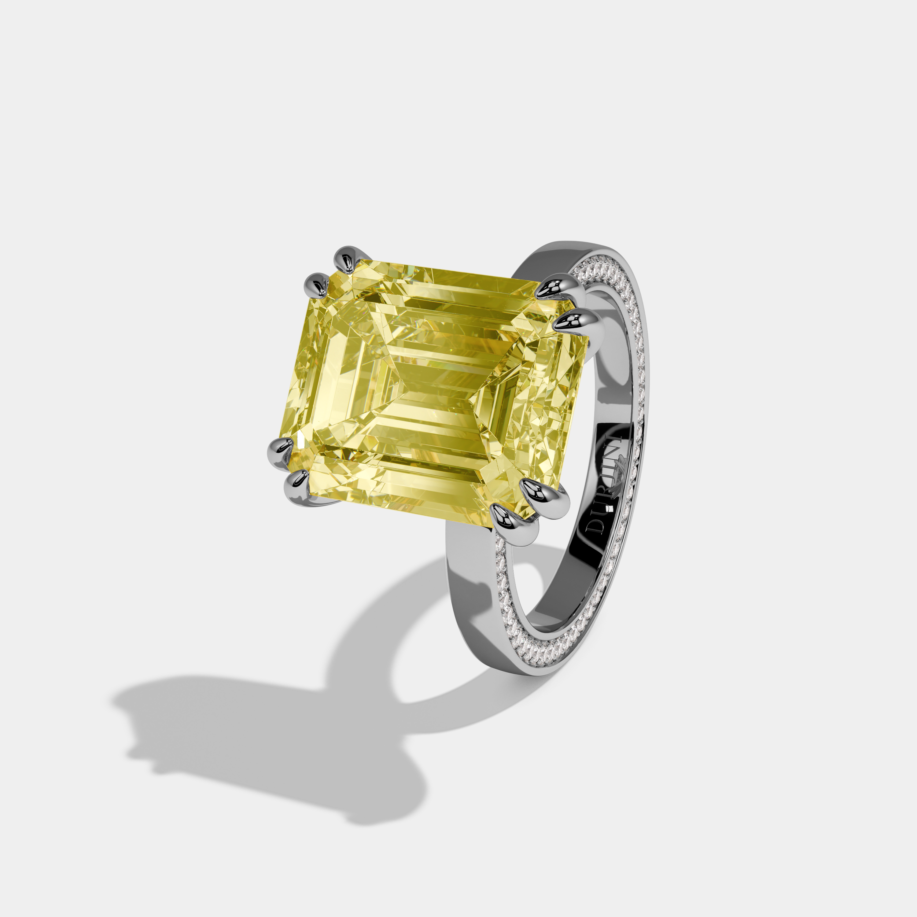 Tabitha Fancy Yellow Emerald Cut Diamond Hidden Band Engagement Ring 10ct 18k White Gold