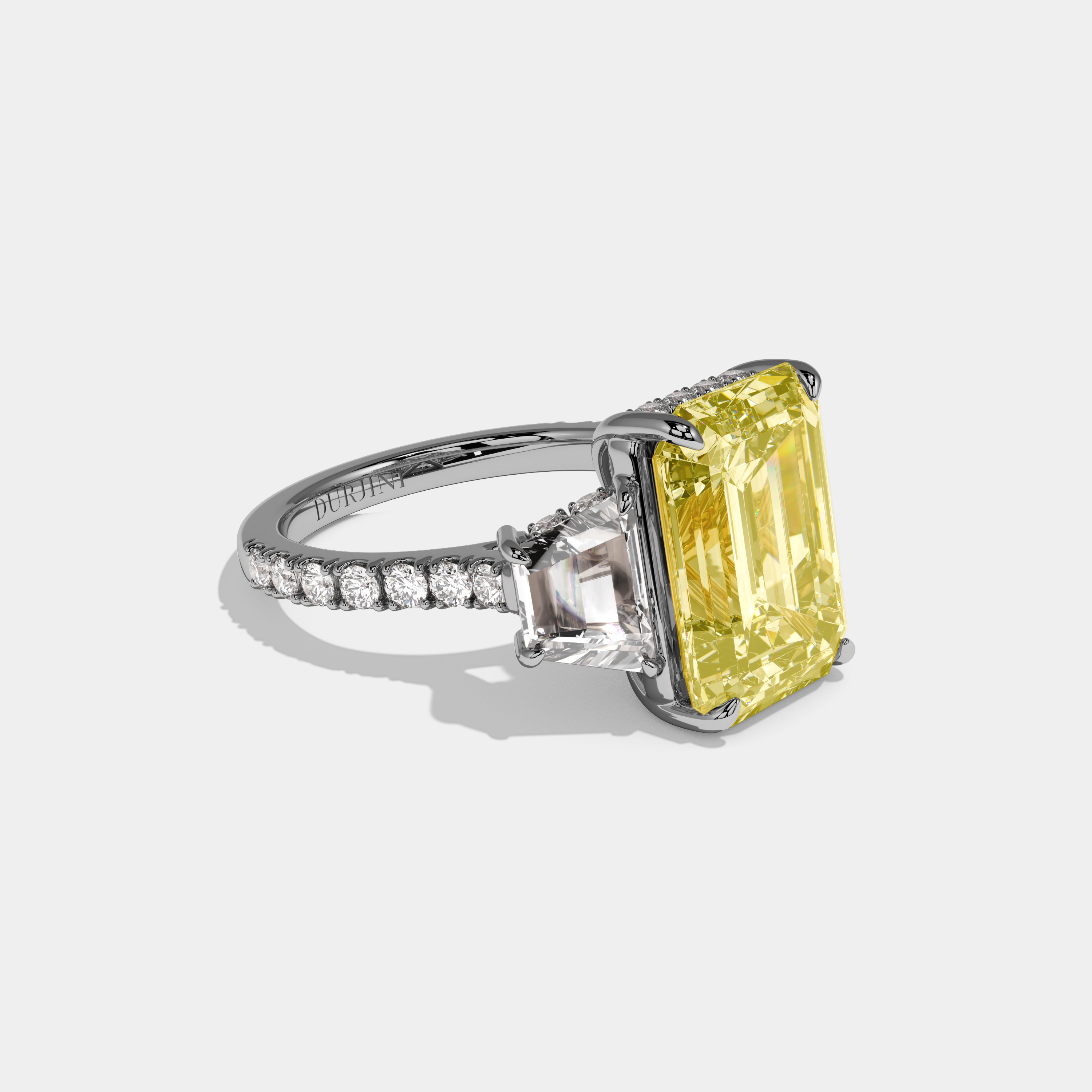 Eleanor Fancy Yellow Emerald Cut Diamond Band With Step Cut Sides Engagement Ring 10ct 18k White Gold