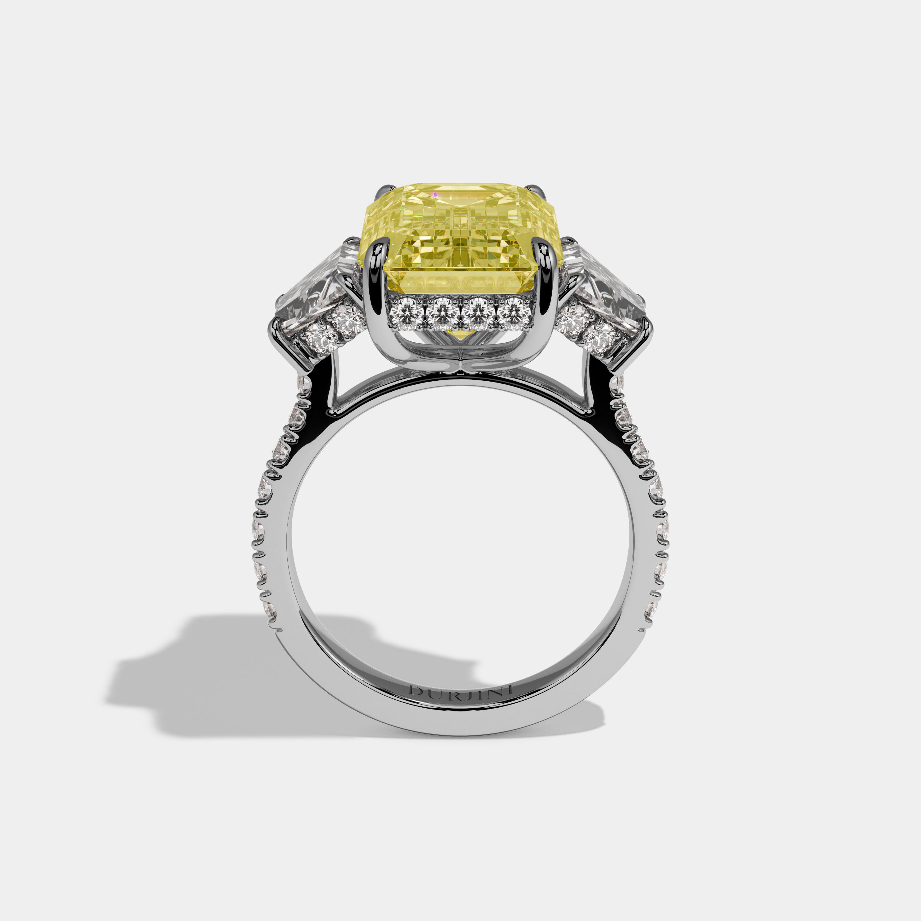 Eleanor Fancy Yellow Emerald Cut Diamond Band With Step Cut Sides Engagement Ring 10ct 18k White Gold