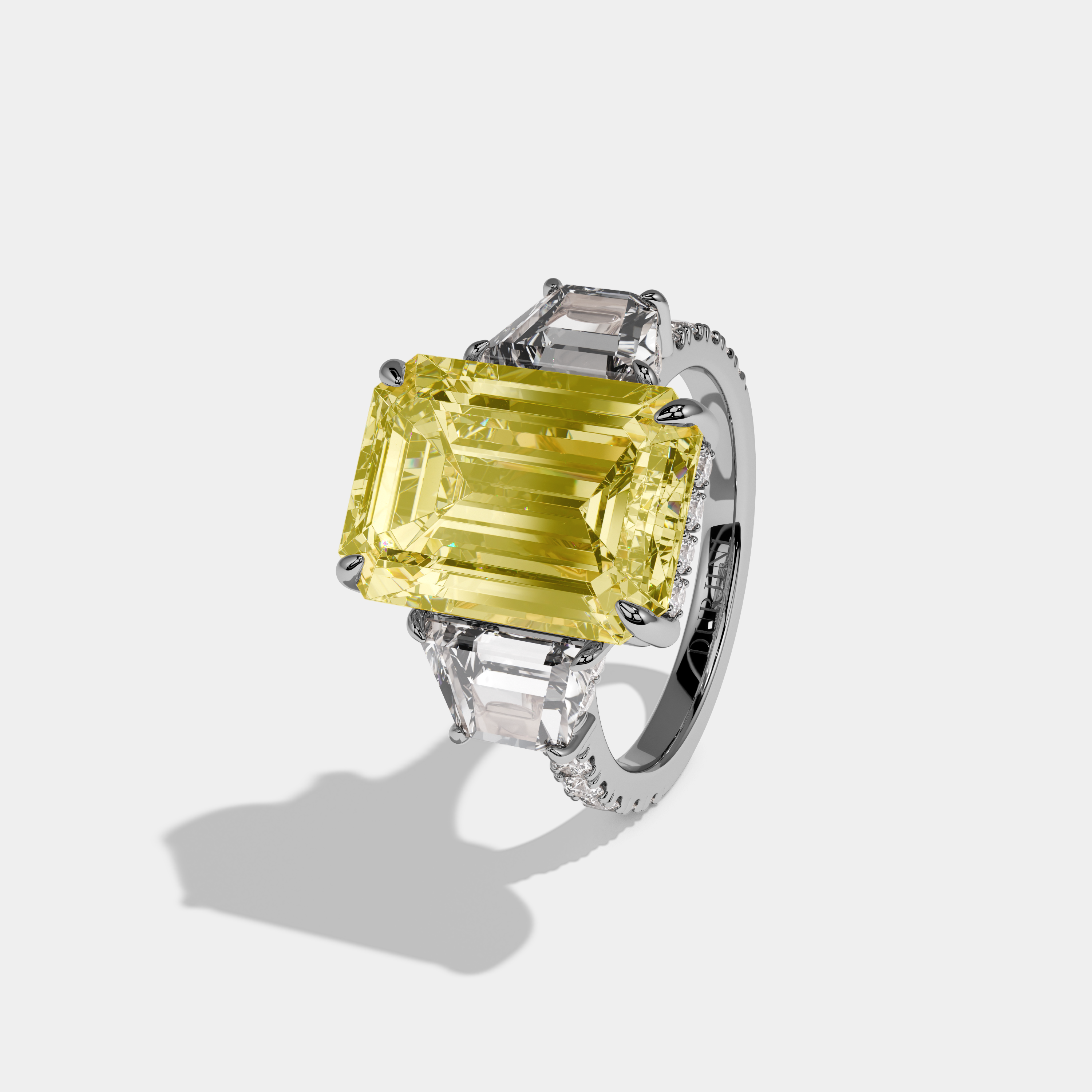 Eleanor Fancy Yellow Emerald Cut Diamond Band With Step Cut Sides Engagement Ring 10ct 18k White Gold