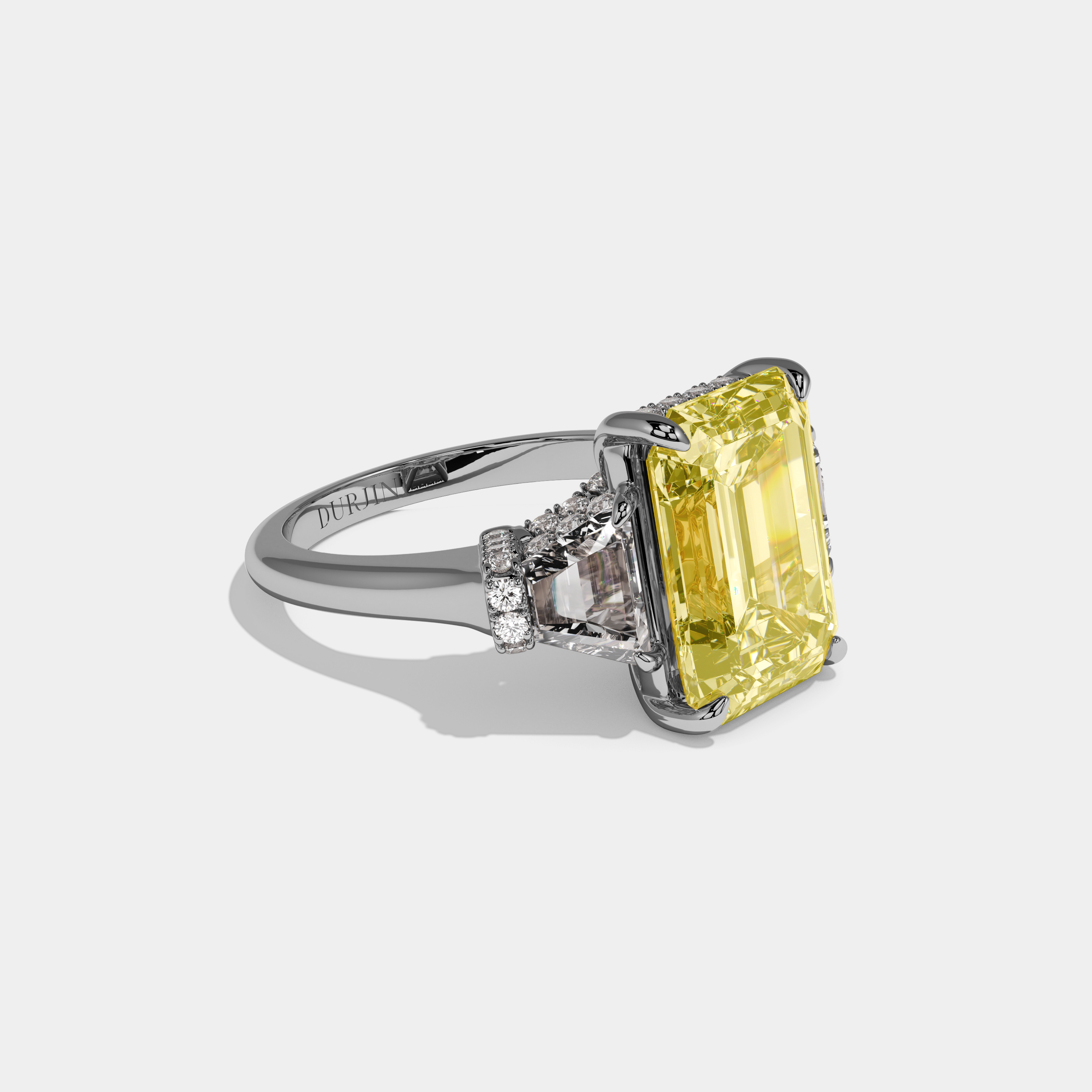 Nellie Fancy Yellow Emerald Cut Diamond Plain Band With Step Cut Sides Engagement Ring 8ct 18k White Gold