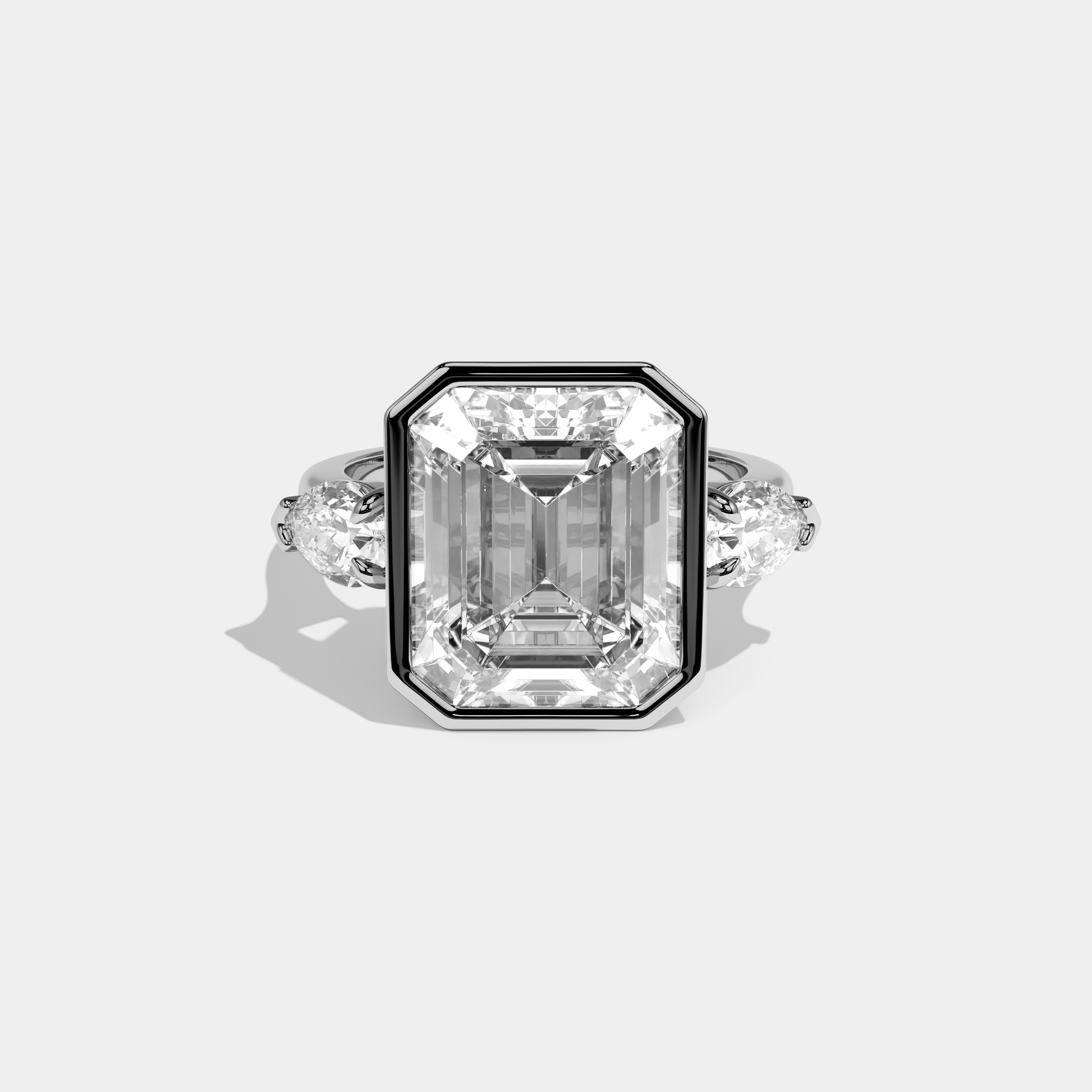 Elise Emerald Cut Diamond Bezel Halo Plain Band Engagement Ring 10ct 18k White Gold