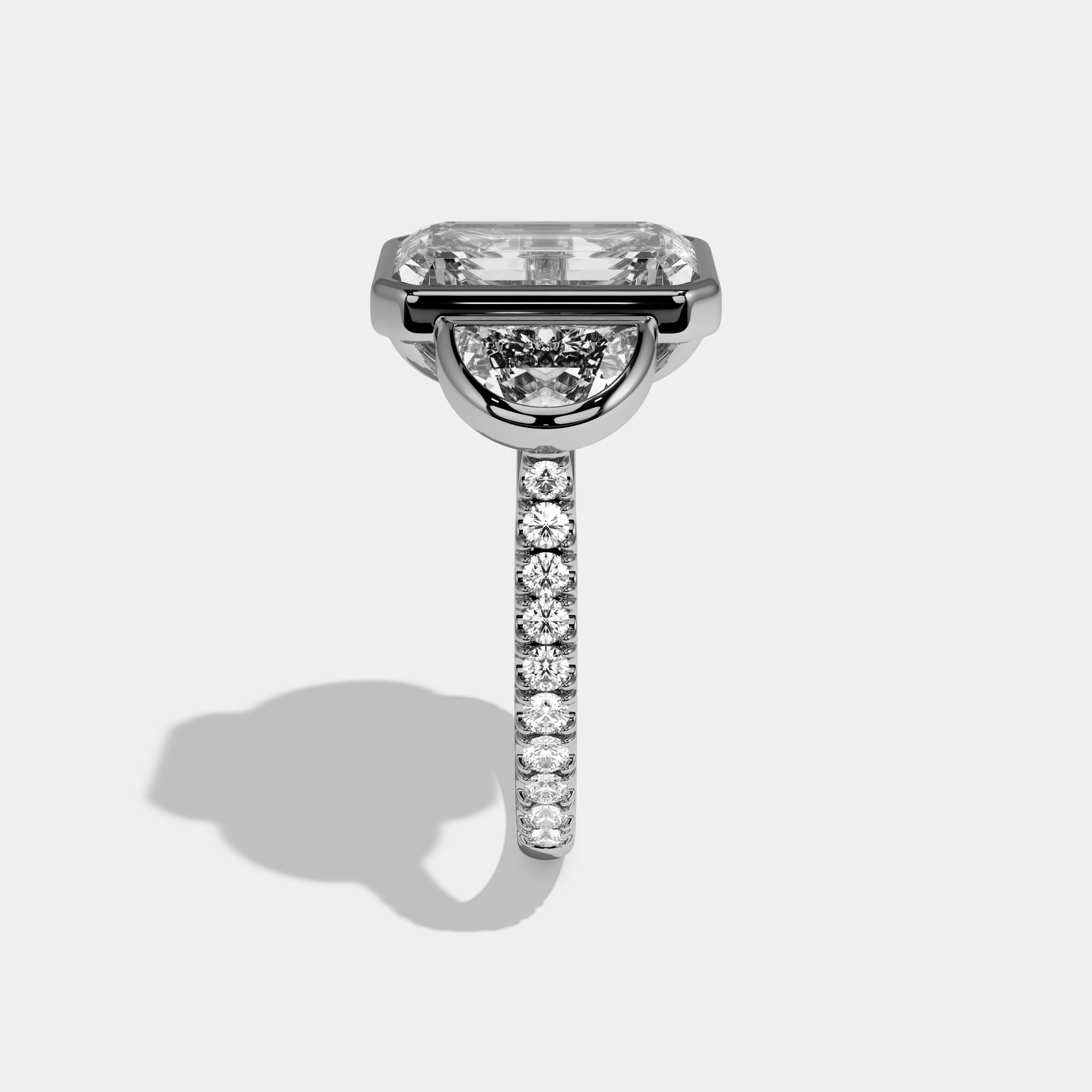 Jane Emerald Cut Diamond Bezel Band With Half Moon Halo Sides Engagement Ring 10ct 18k White Gold