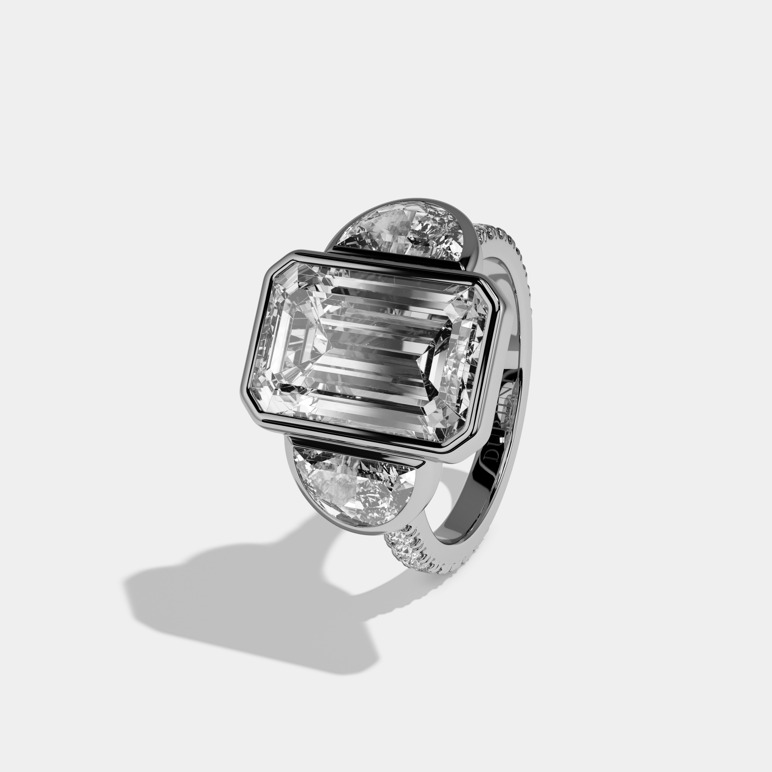 Jane Emerald Cut Diamond Bezel Band With Half Moon Halo Sides Engagement Ring 10ct 18k White Gold