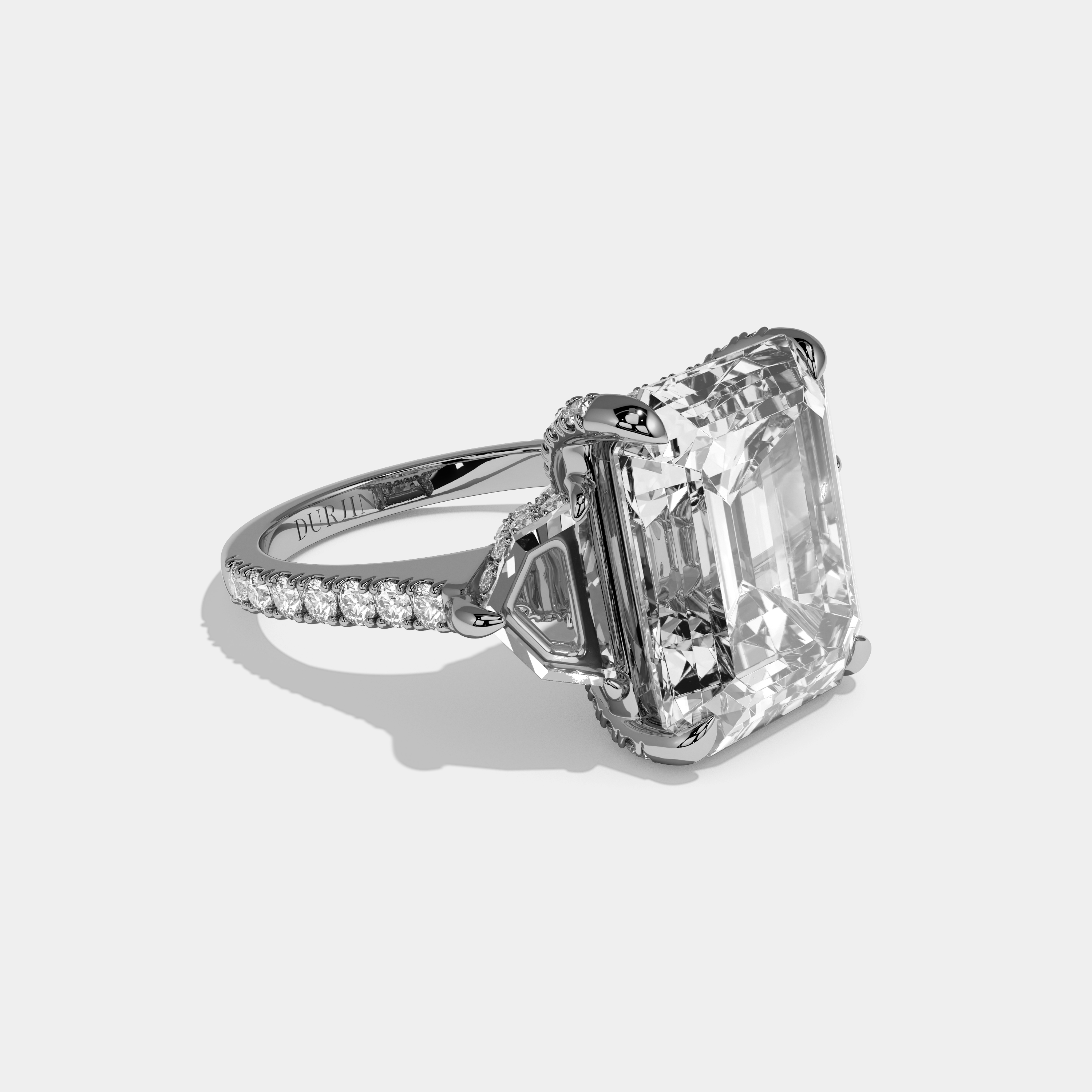 Amina Emerald Cut Diamond Band With Pentagon Halo Sides Engagement Ring 10ct 18k White Gold