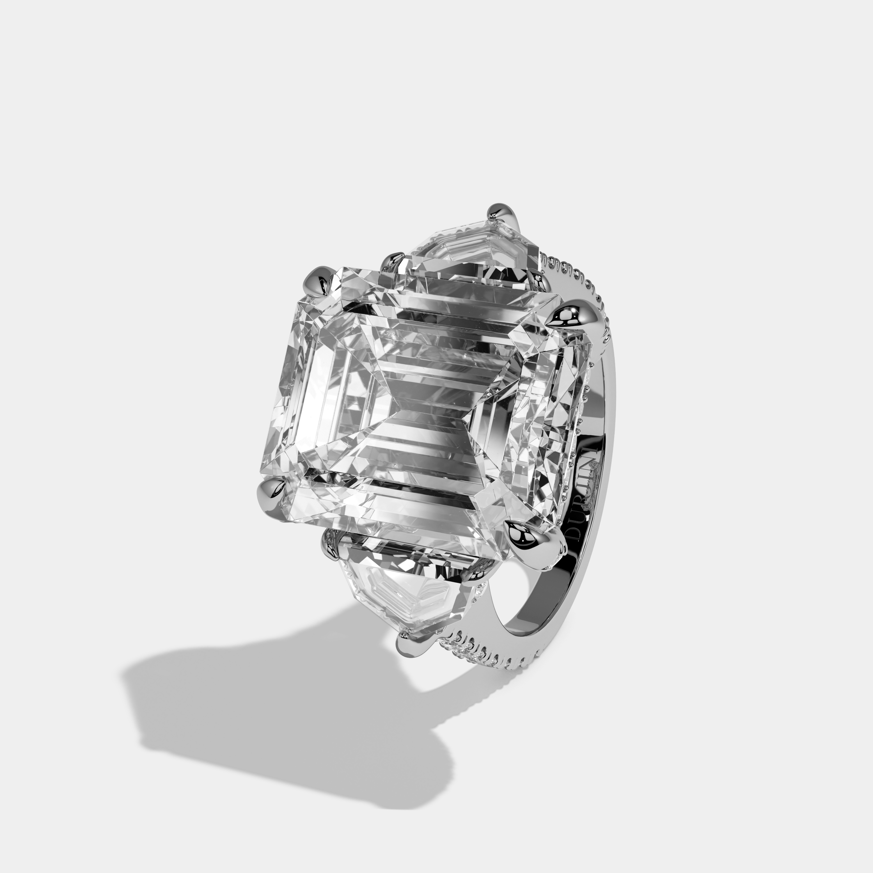 Amina Emerald Cut Diamond Band With Pentagon Halo Sides Engagement Ring 10ct 18k White Gold