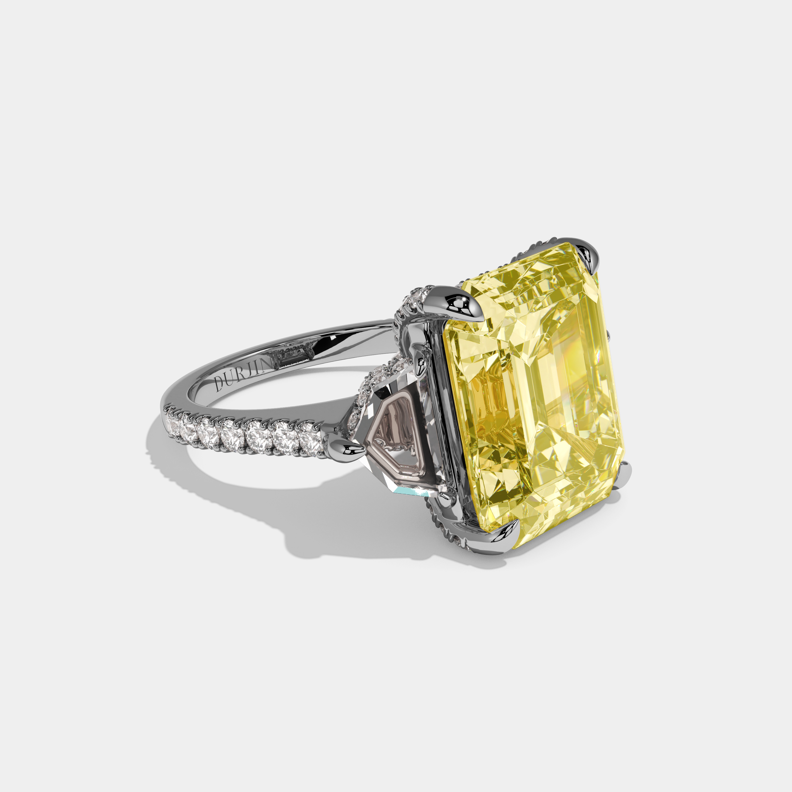 Amina Fancy Yellow Emerald Cut Diamond Band With Pentagon Halo Sides Engagement Ring 10ct 18k White Gold