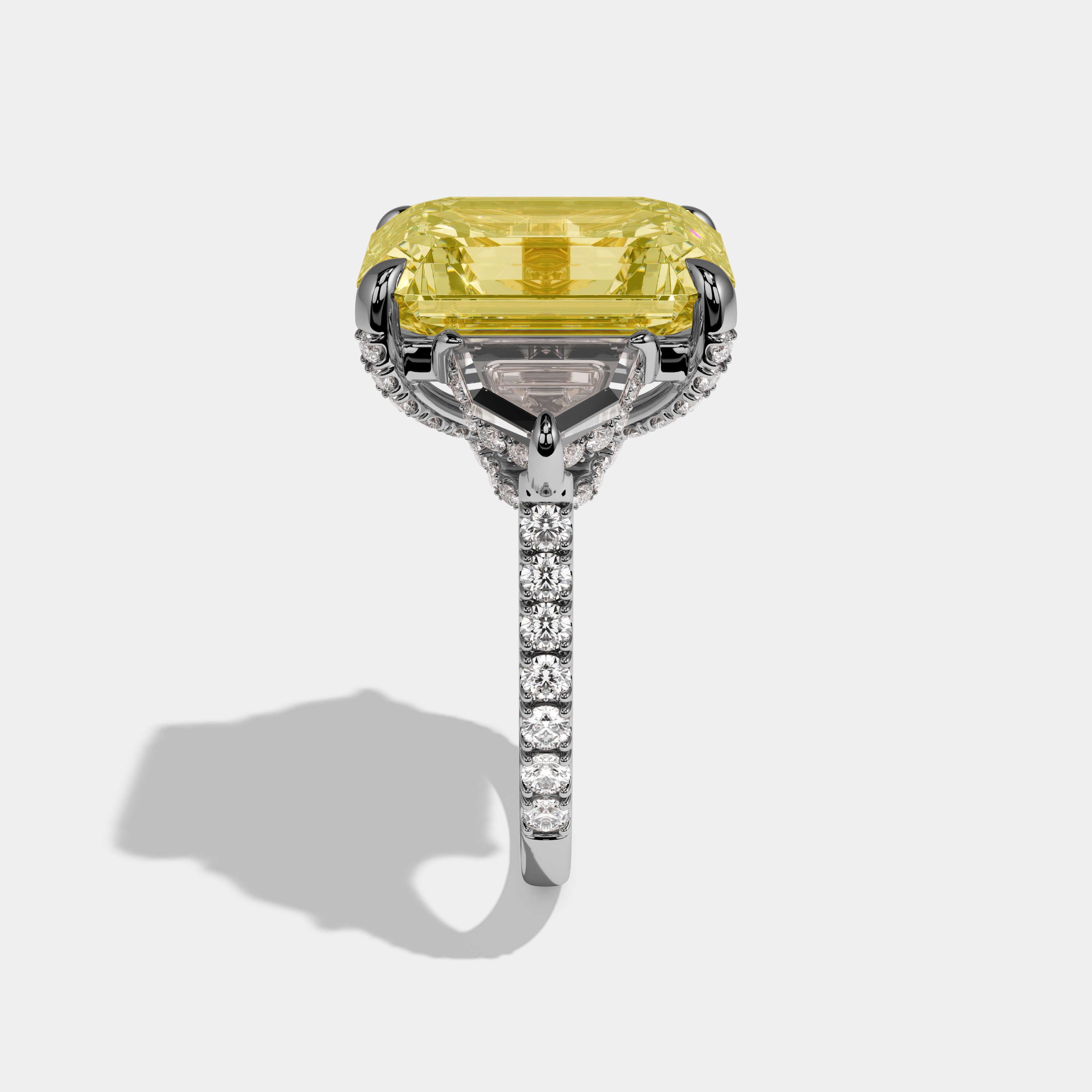 Amina Fancy Yellow Emerald Cut Diamond Band With Pentagon Halo Sides Engagement Ring 10ct 18k White Gold