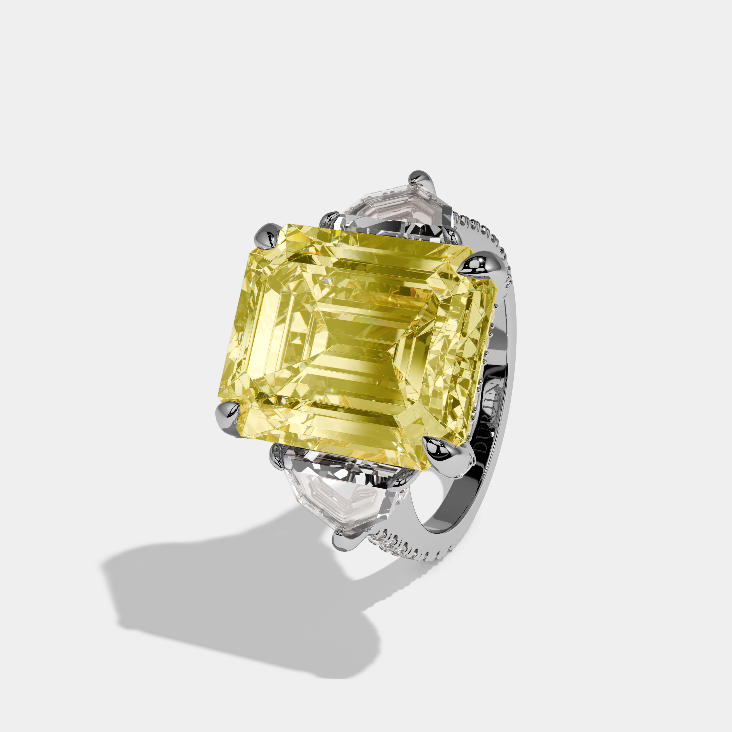 Amina Fancy Yellow Emerald Cut Diamond Band With Pentagon Halo Sides Engagement Ring 10ct 18k White Gold
