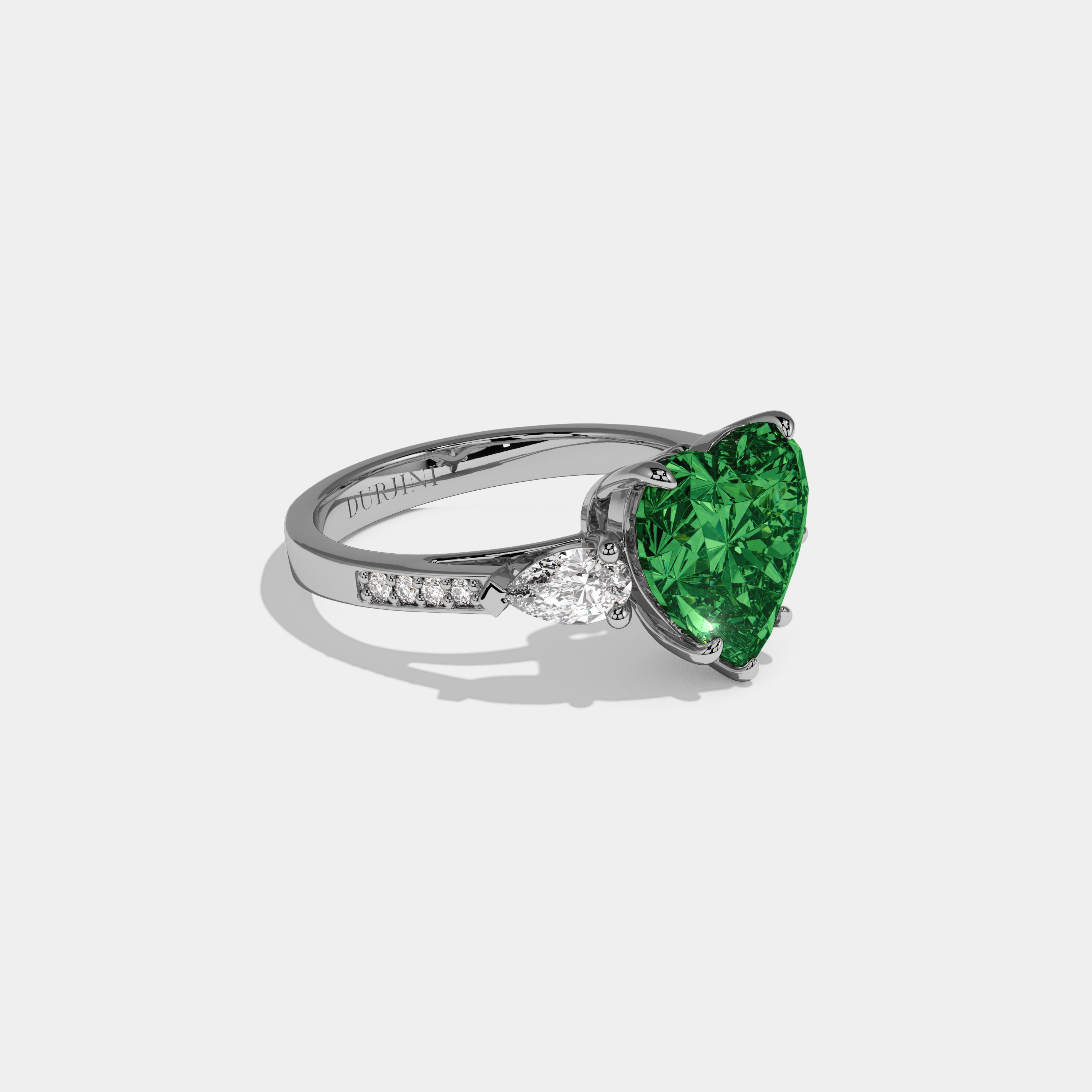 Alexandra Fancy Dark Green Heart Brilliant Cut Diamond Band With Pear Sides Engagement Ring 7ct 18K White Gold