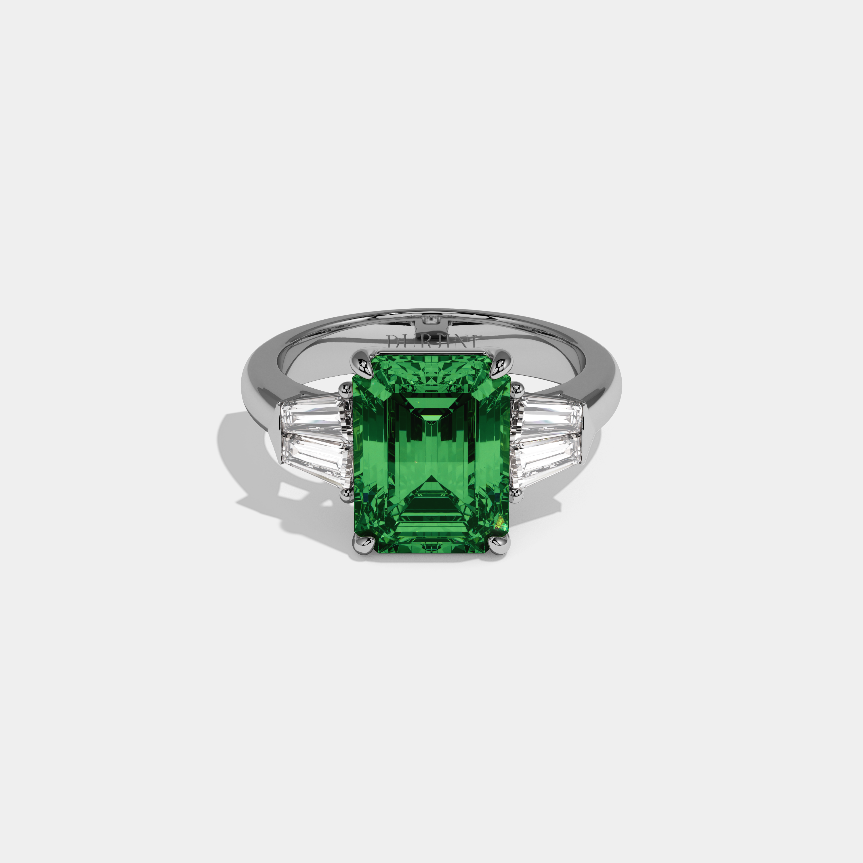 Alexandra Fancy Dark Green Emerald Cut Diamond Plain Band With Baguette Sides Engagement Ring 6ct 18K White Gold