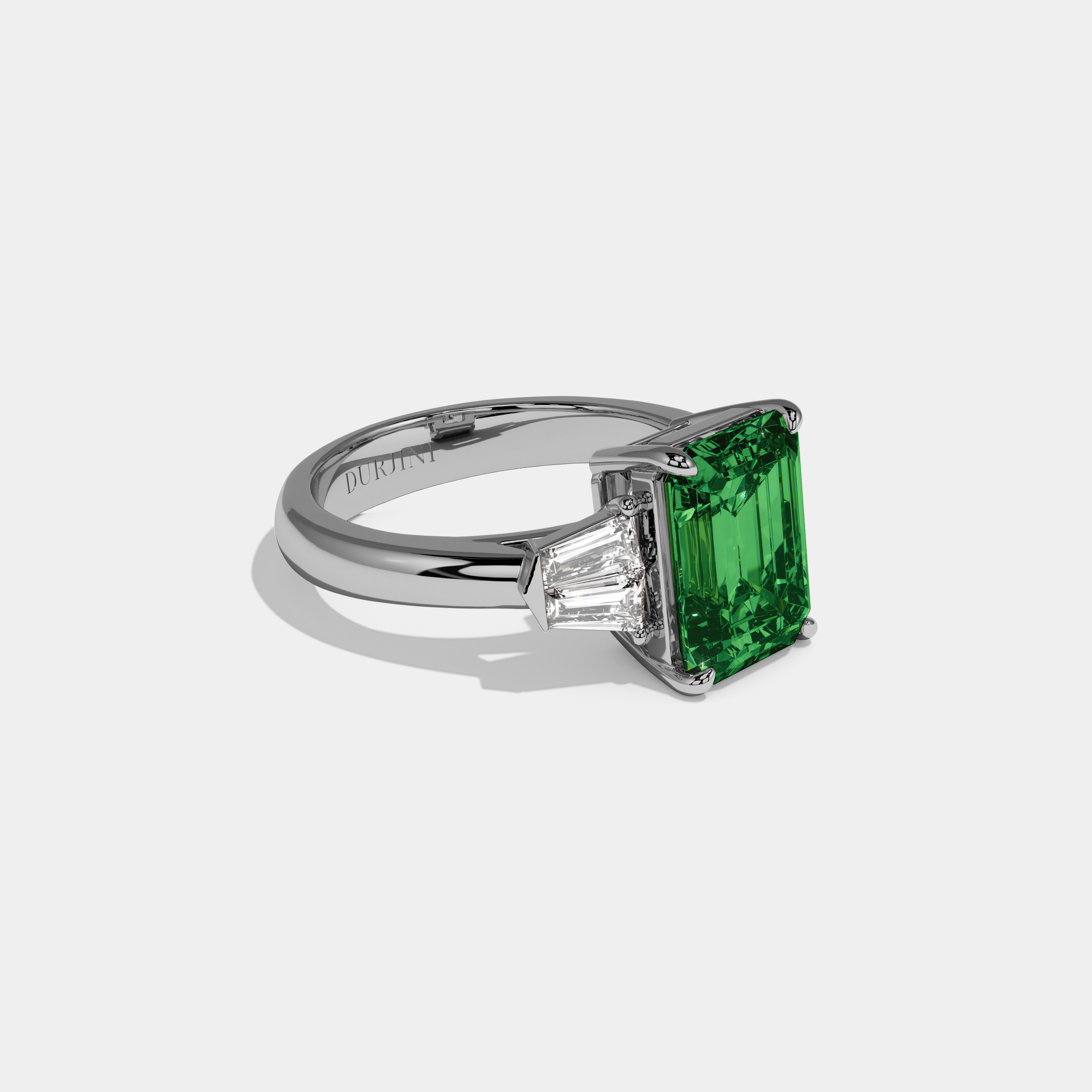 Alexandra Fancy Dark Green Emerald Cut Diamond Plain Band With Baguette Sides Engagement Ring 6ct 18K White Gold
