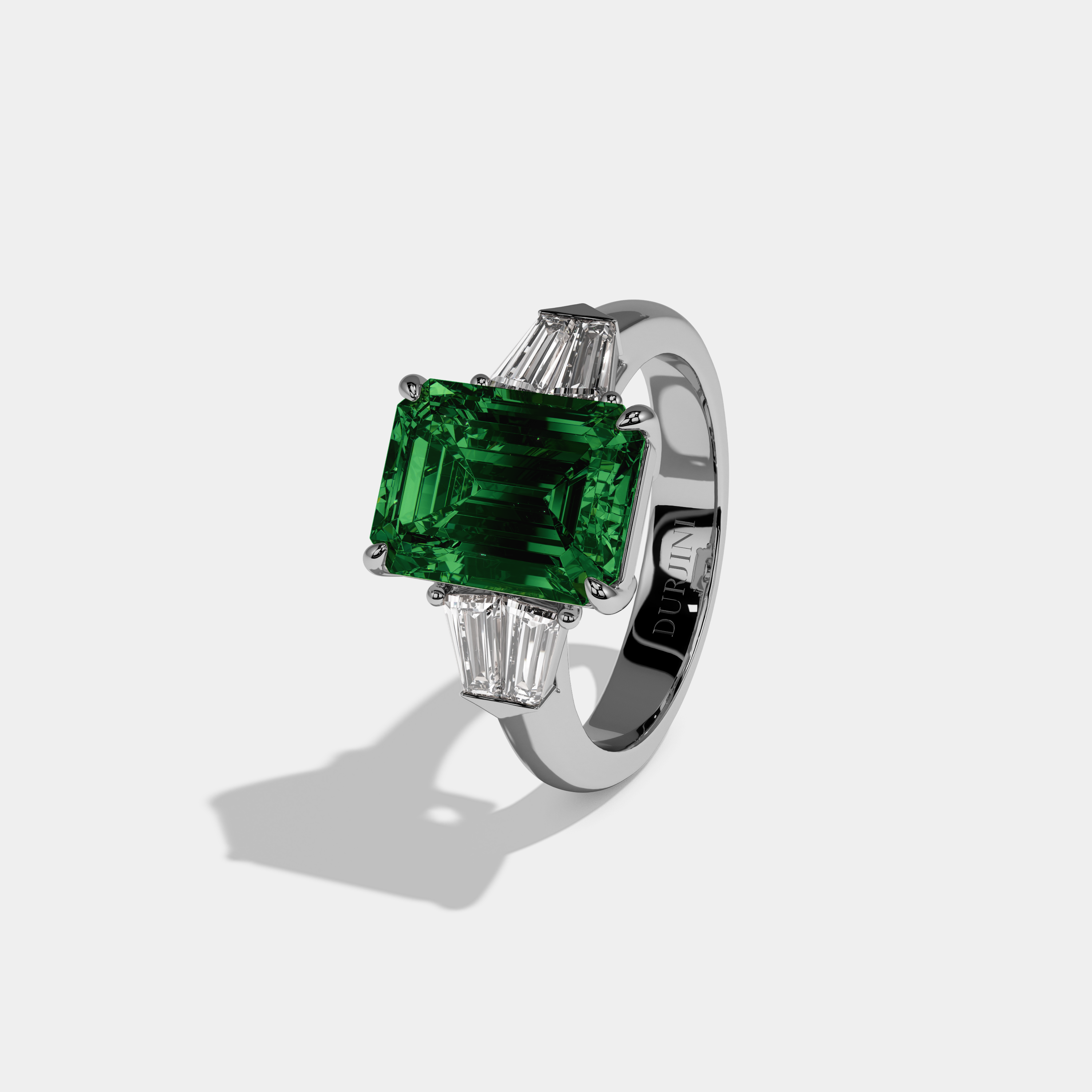 Alexandra Fancy Dark Green Emerald Cut Diamond Plain Band With Baguette Sides Engagement Ring 6ct 18K White Gold