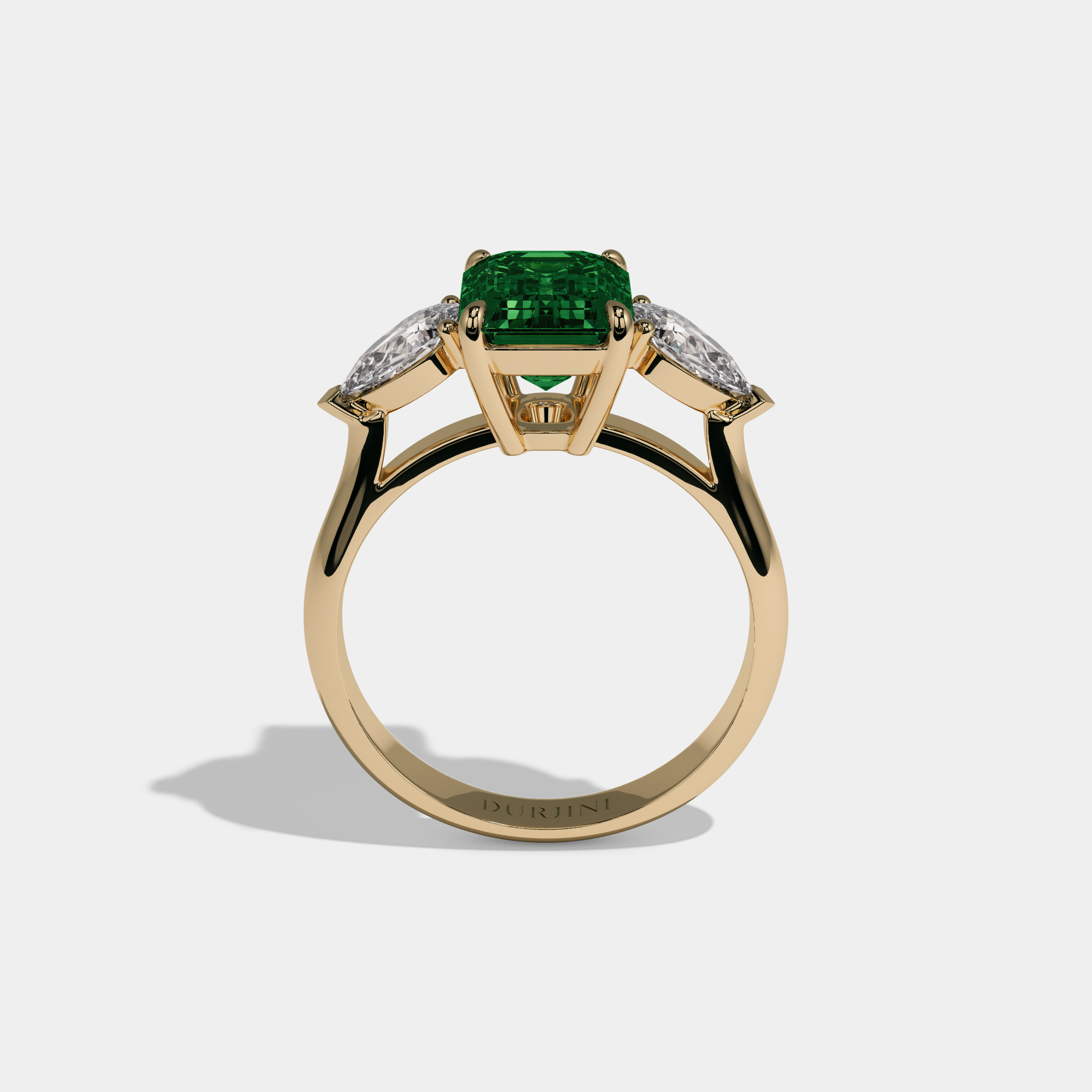 Rowena Fancy Dark Green Emerald Cut Diamond Plain Band With Pear Cut Sides Engagement Ring 6ct 18K Yellow Gold