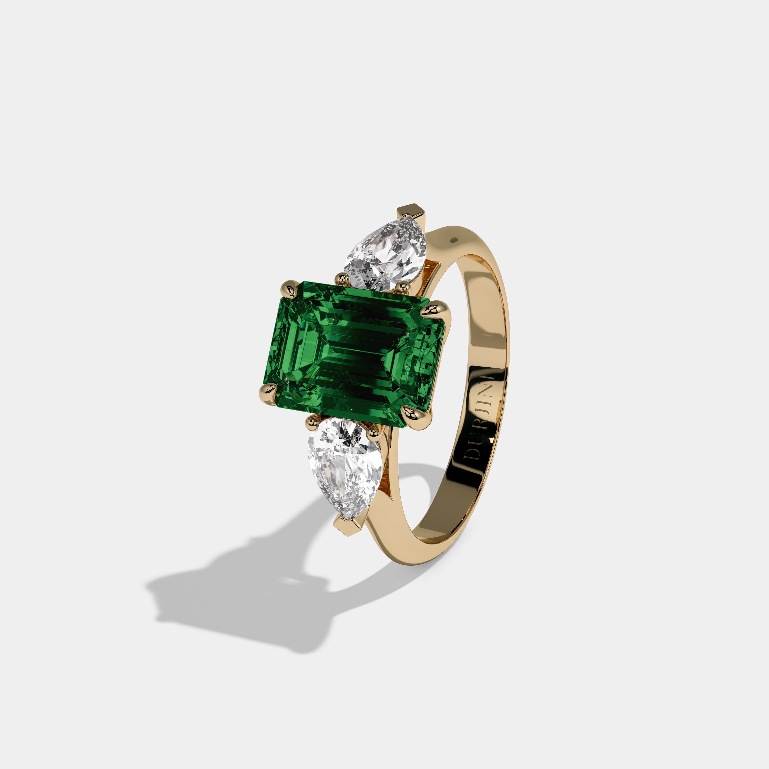 Rowena Fancy Dark Green Emerald Cut Diamond Plain Band With Pear Cut Sides Engagement Ring 6ct 18K Yellow Gold