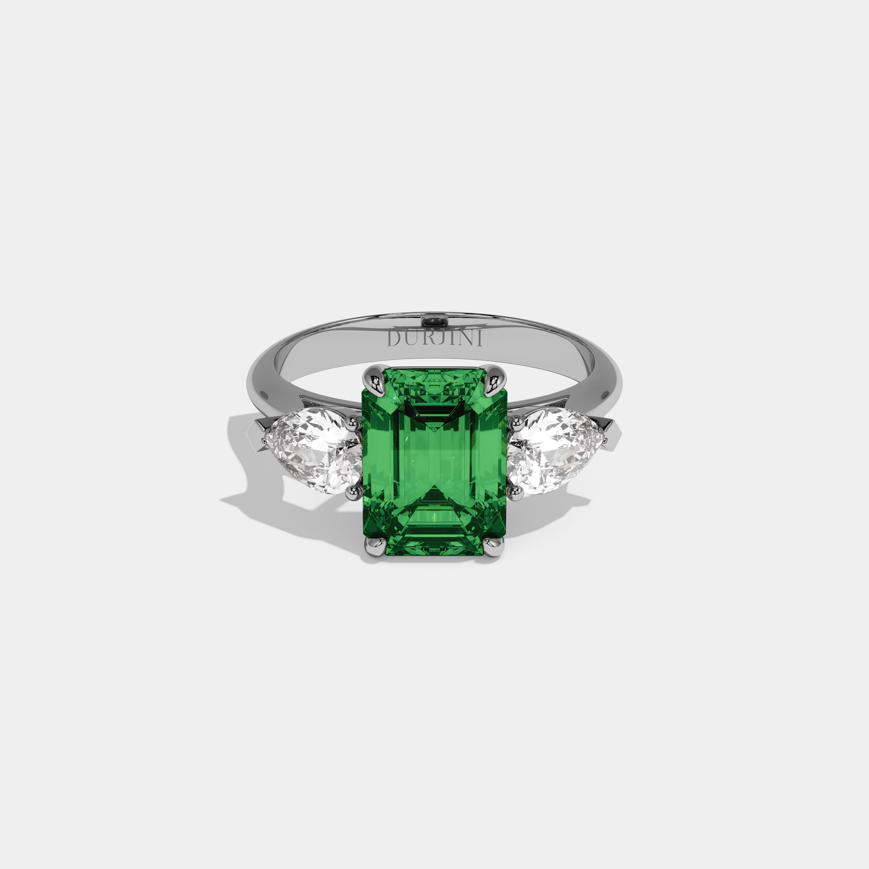 Isadora Fancy Dark Green Emerald Cut Diamond Plain Band With Pear Cut Sides Engagement Ring 6ct 18K White Gold