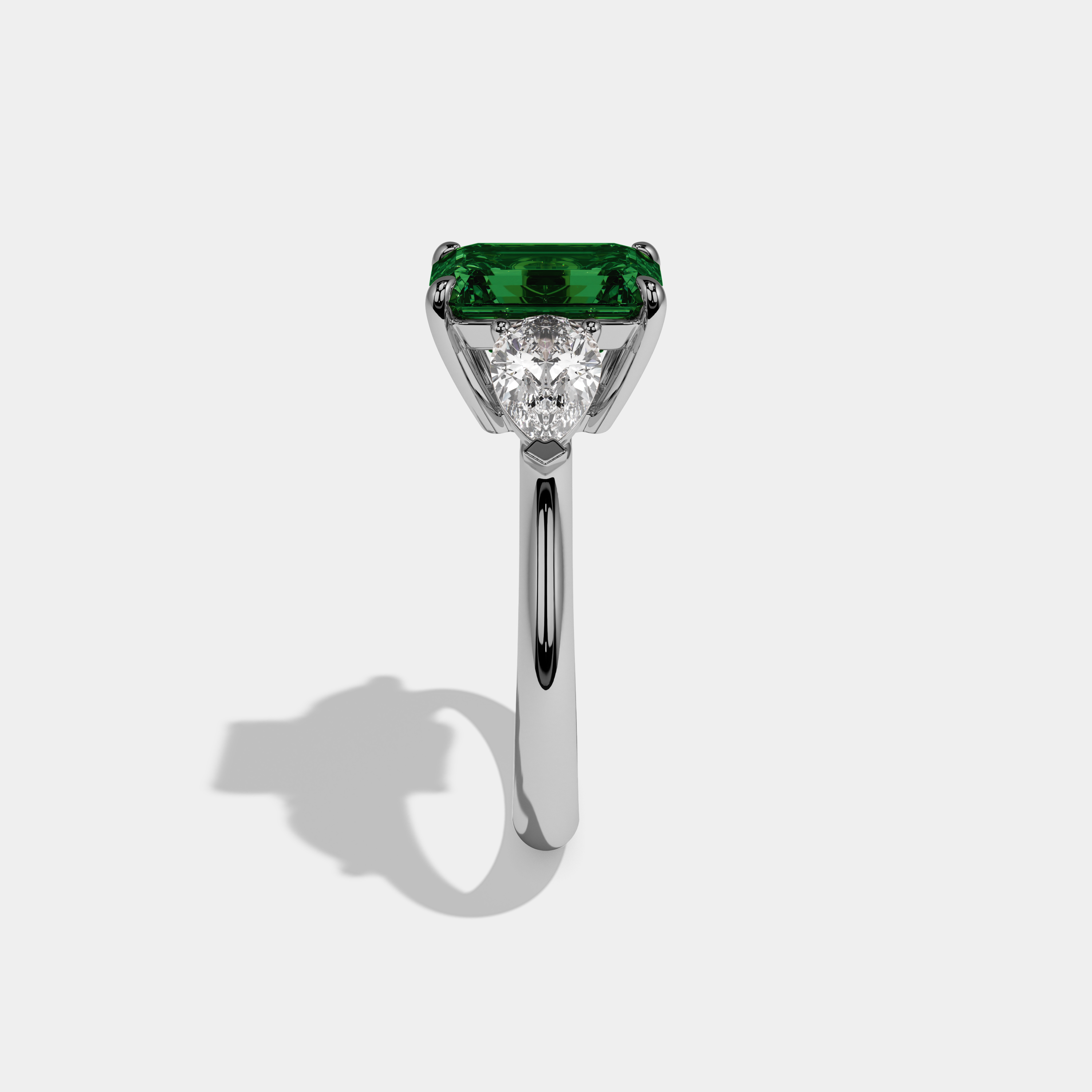 Isadora Fancy Dark Green Emerald Cut Diamond Plain Band With Pear Cut Sides Engagement Ring 6ct 18K White Gold