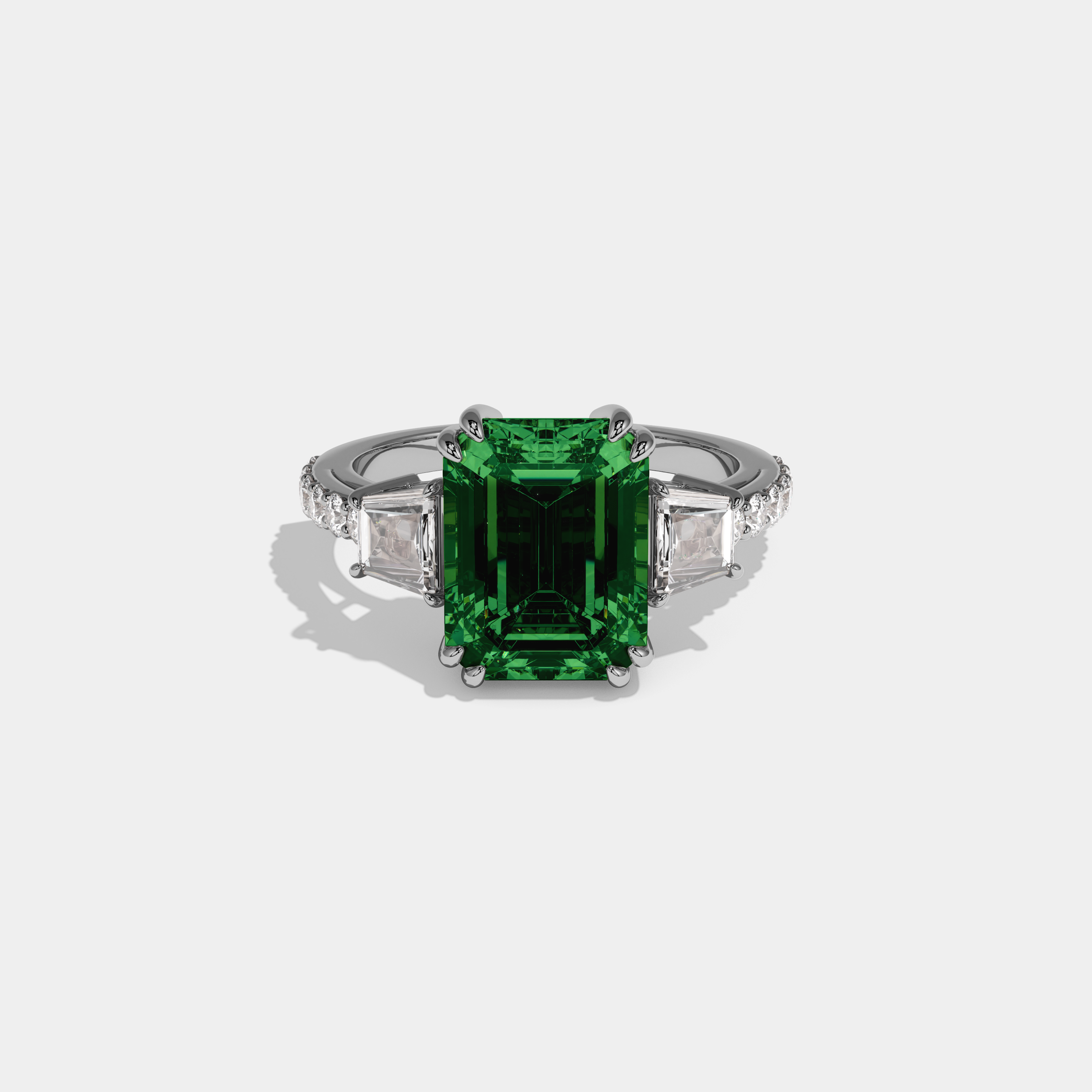 Eugenie Fancy Dark Green Emerald Cut Diamond Band With Step Cut Sides Engagement Ring 7ct 18K White Gold