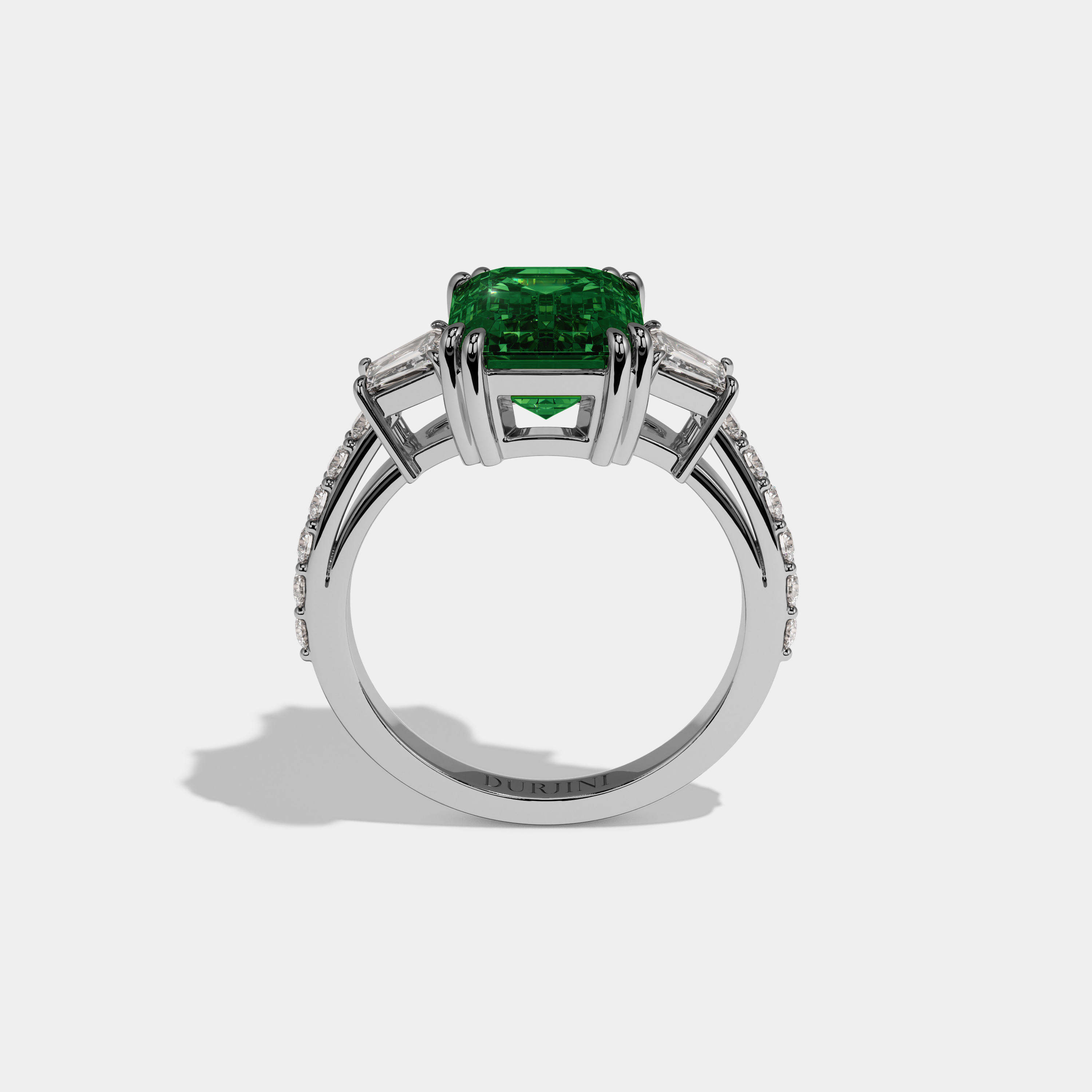 Eugenie Fancy Dark Green Emerald Cut Diamond Band With Step Cut Sides Engagement Ring 7ct 18K White Gold