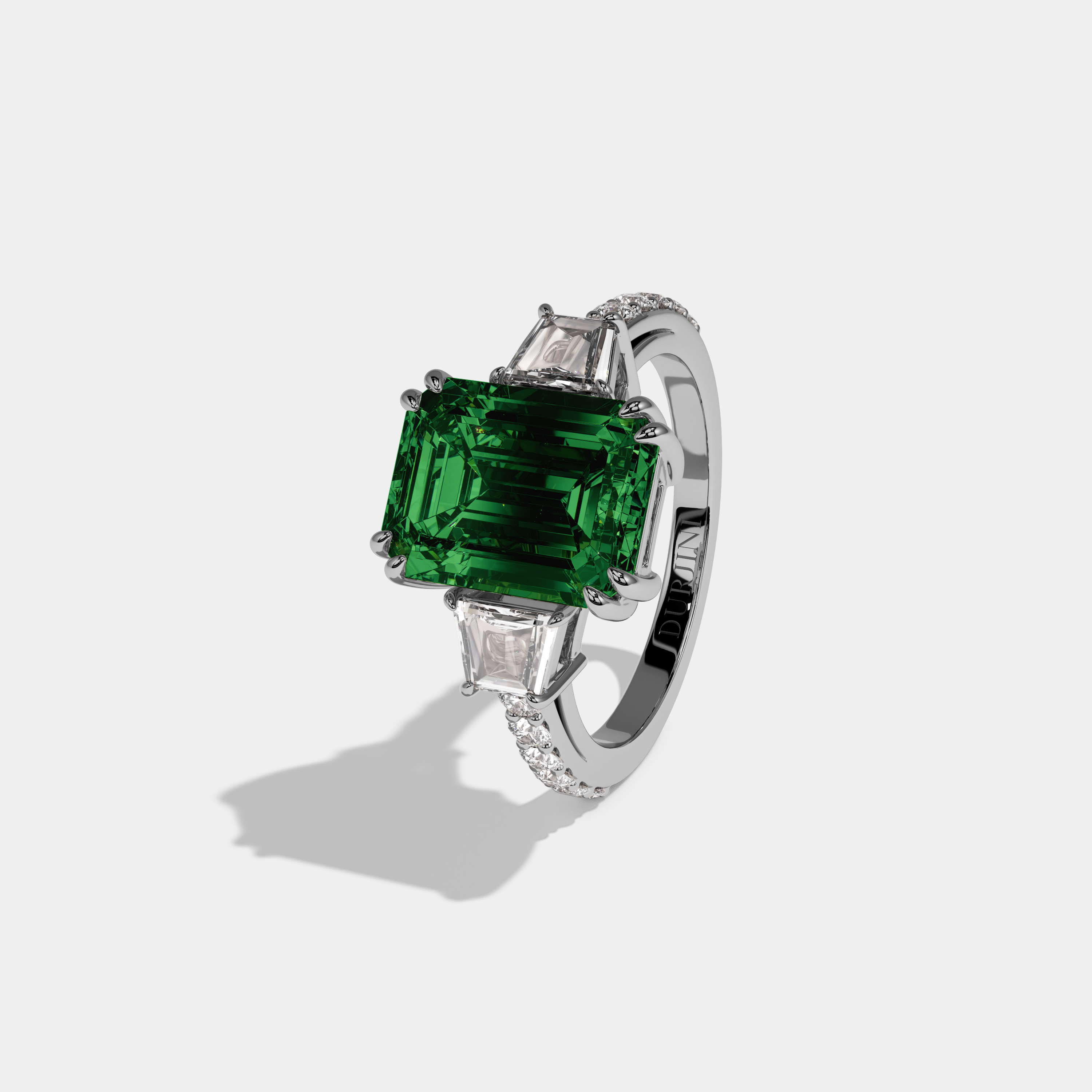 Eugenie Fancy Dark Green Emerald Cut Diamond Band With Step Cut Sides Engagement Ring 7ct 18K White Gold