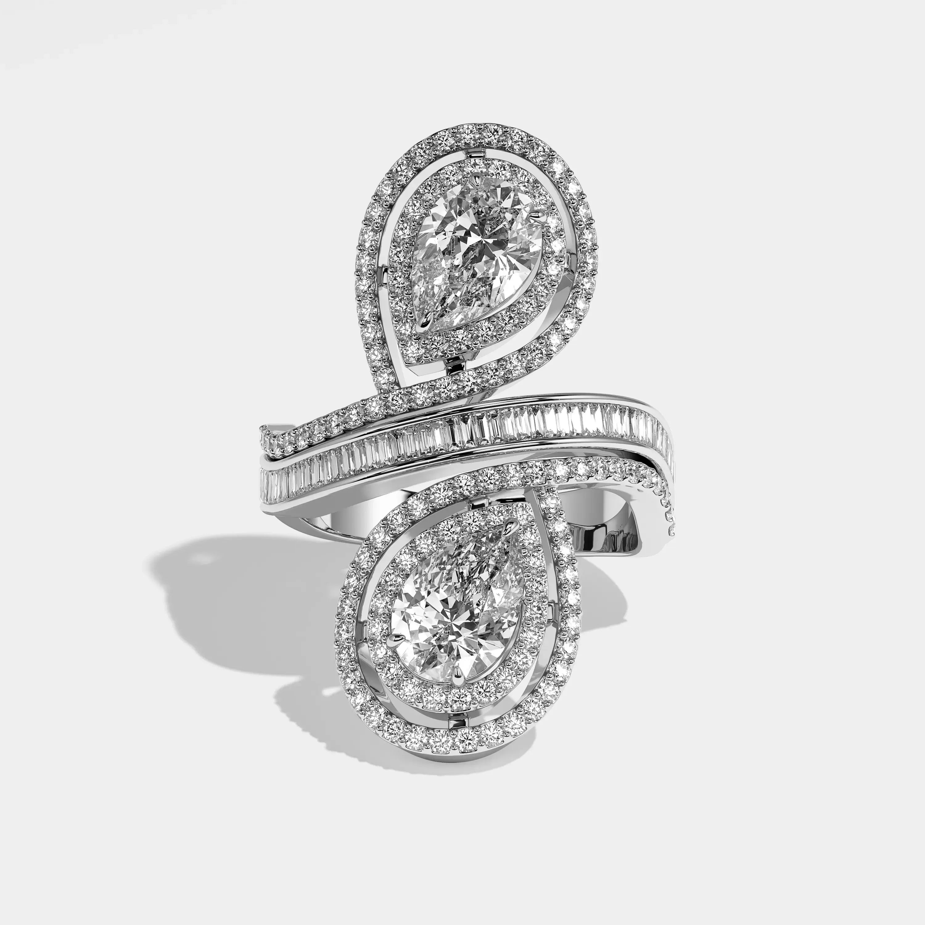 Etiquette pear halo diamond engagement ring in 18K white gold by Kurbãni Durjini, front view