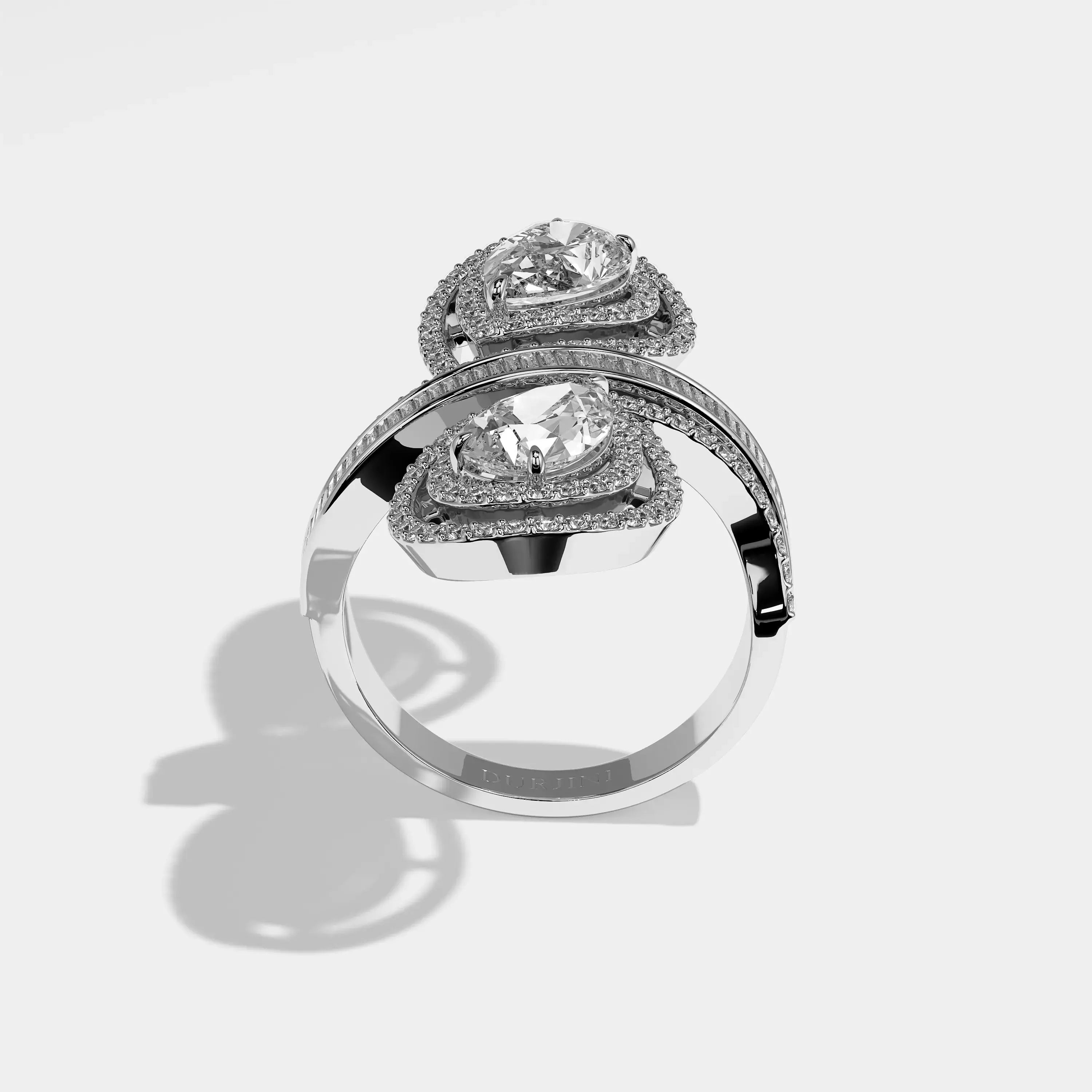Etiquette pear halo diamond engagement ring in 18K white gold by Kurbãni Durjini, full view