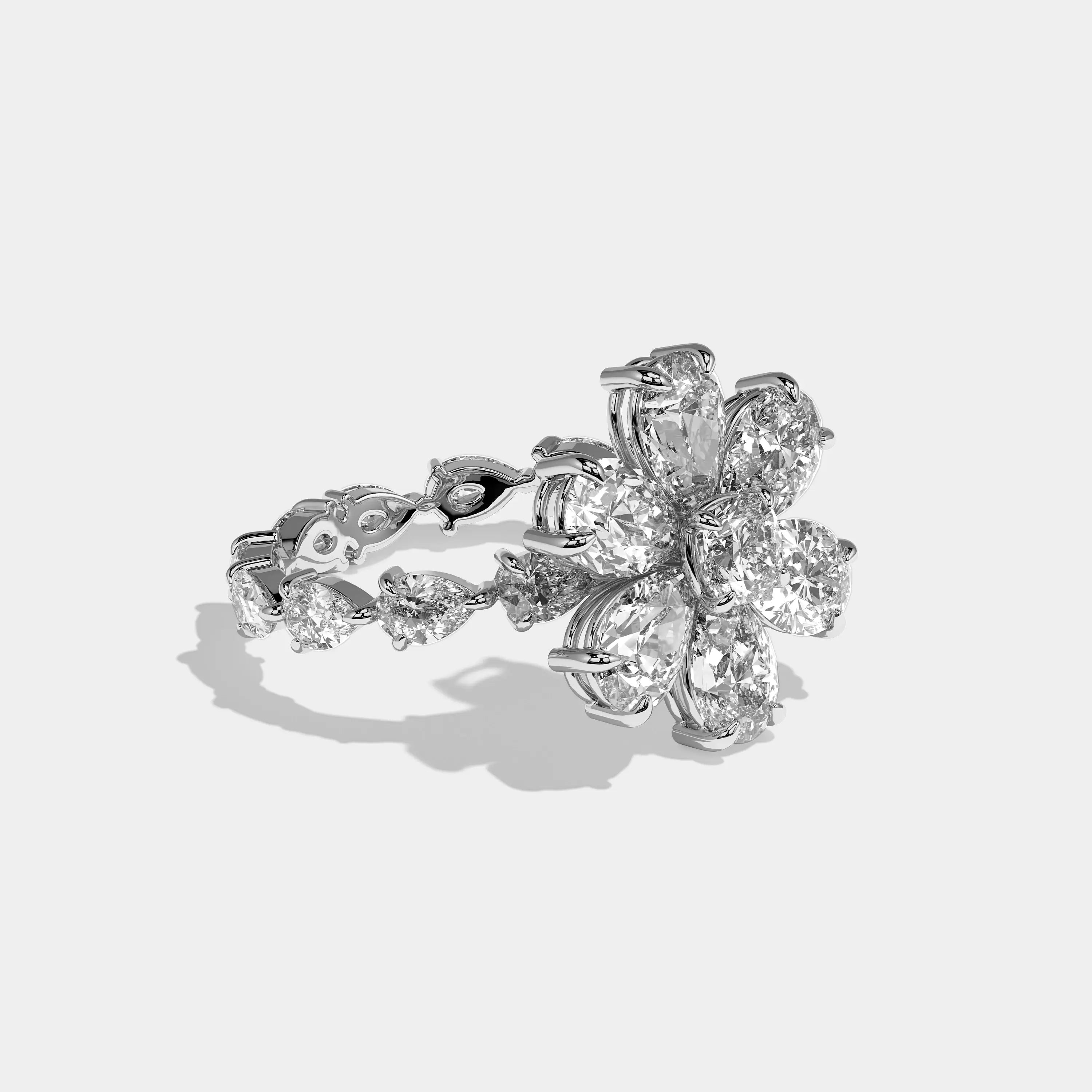 Harmony pear flower halo diamond engagement ring in 18K white gold by Kurbãni Durjini, right view