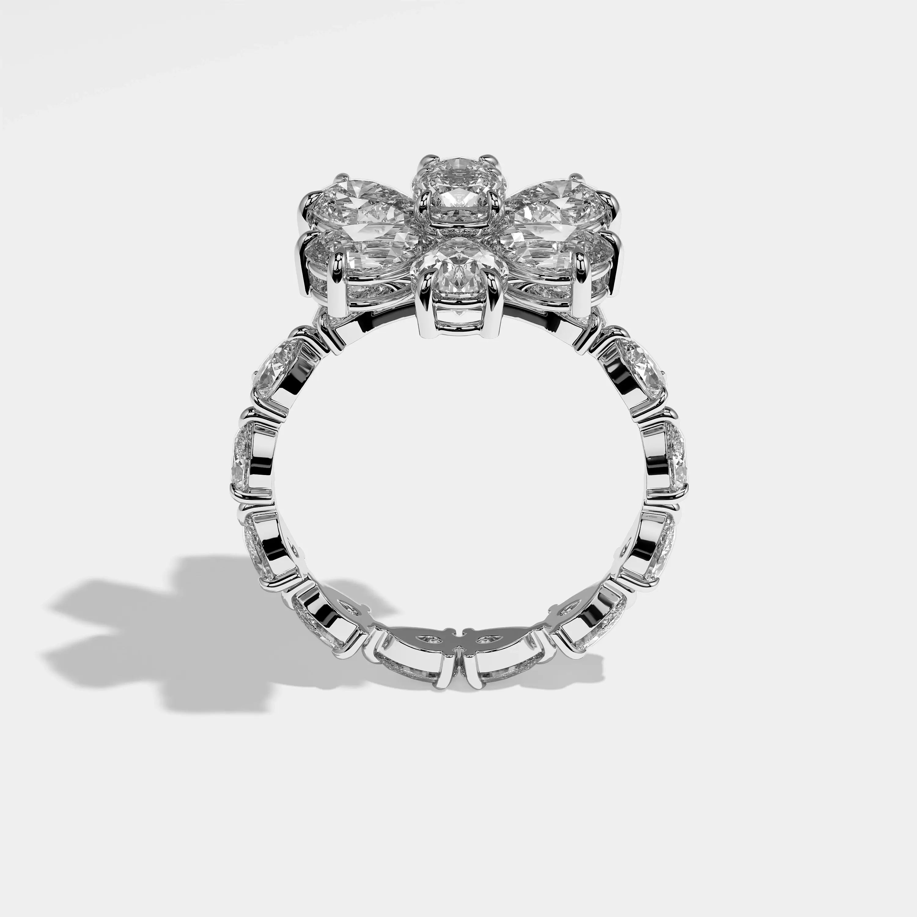 Harmony pear flower halo diamond engagement ring in 18K white gold by Kurbãni Durjini, full view