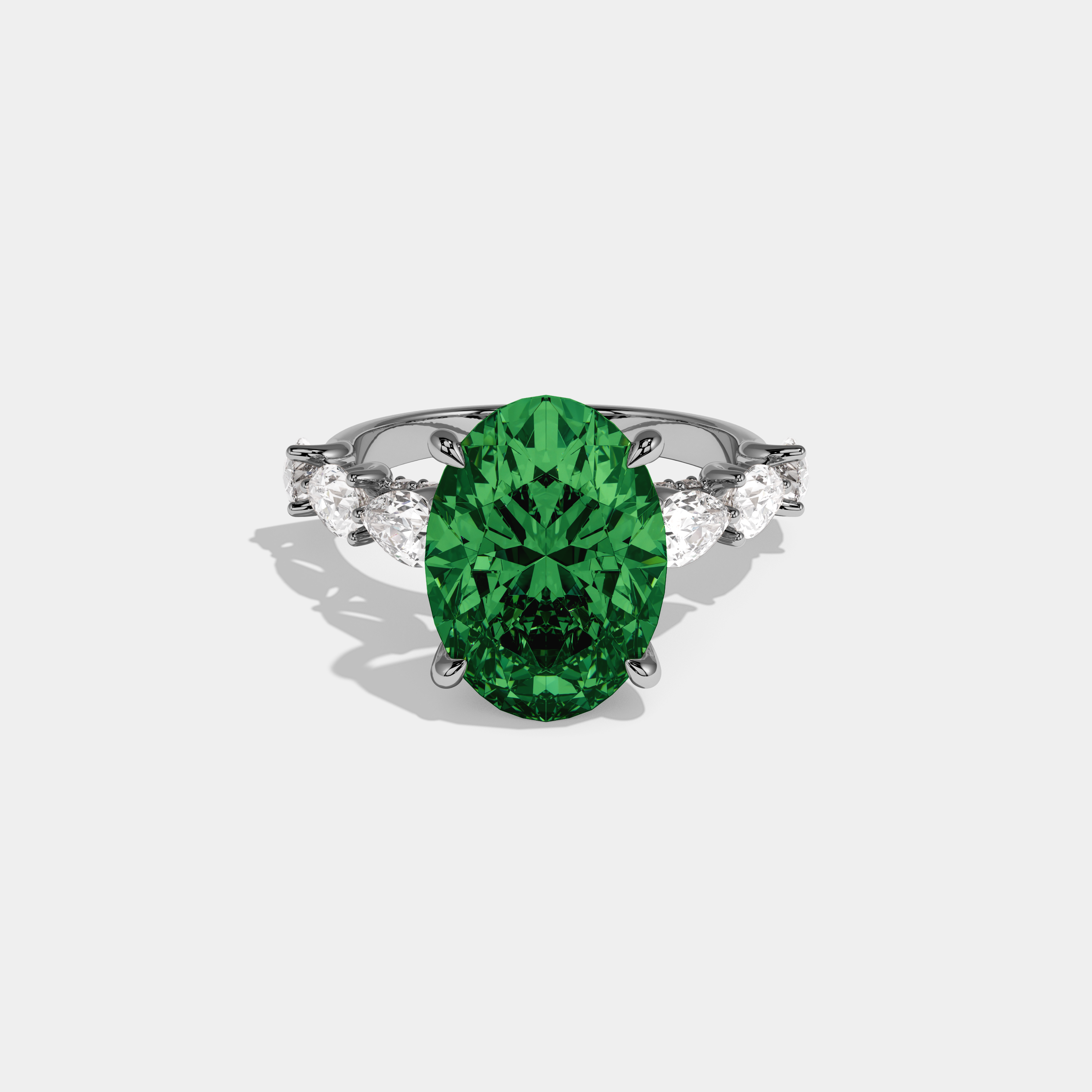 Alexandra Fancy Dark Green Oval Cut Diamond Band With Pear Cuts Engagement Ring 6ct 18K White Gold
