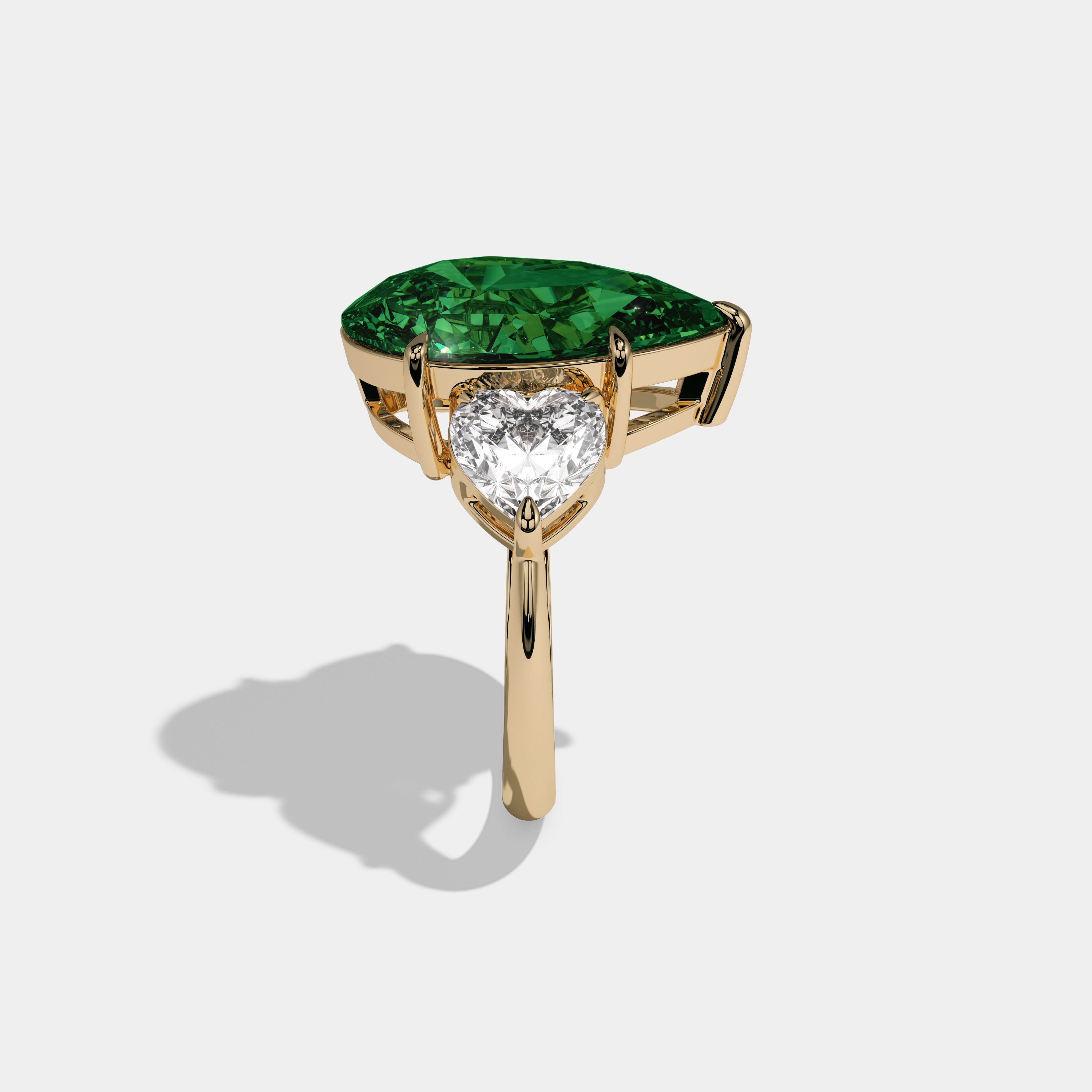 Mary Fancy Dark Green Pear Cut Diamond Plain Band With Heart Cut Sides Engagement Ring 6ct 18K Yellow Gold